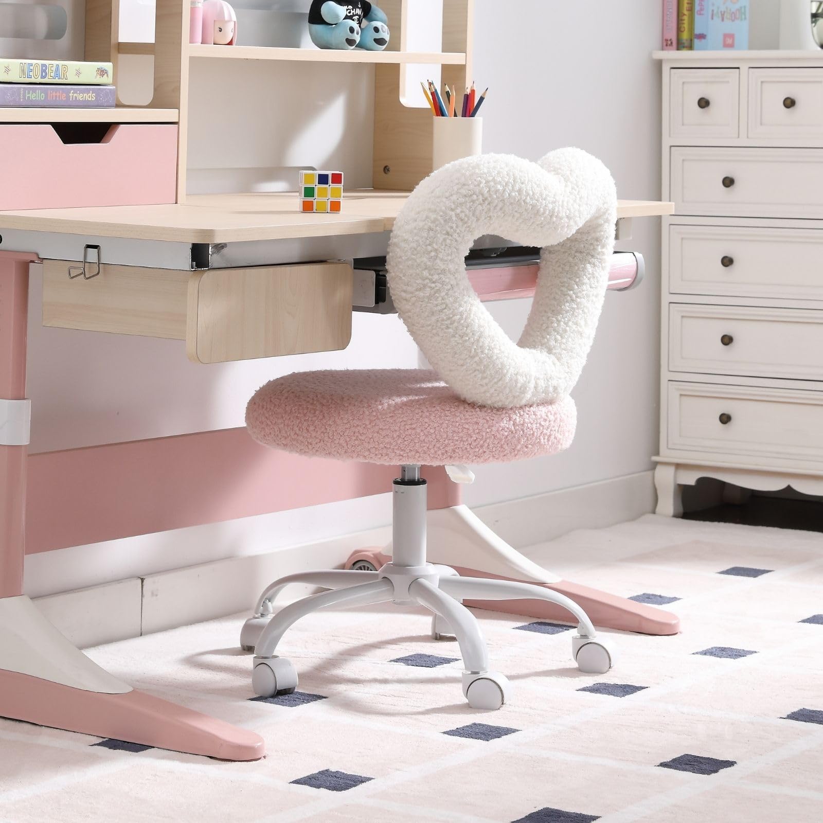 LukeAlon Adjustable Kids Desk Chair with Rolling Wheels - Sherpa Heart Back Swivel Chair for Boys & Girls, Pink & White | Ergonomic Study Chair for Teens, Children's Computer Chair for Home & Classroom Use
