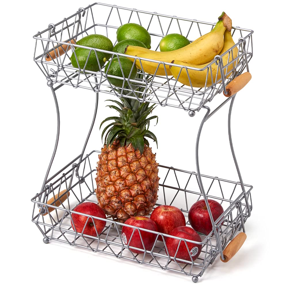 EZOWare 2-Tier Metal Wire Fruit Basket with Handles - Detachable Kitchen Countertop Organizer for Fruits, Vegetables, Bread & Snacks - Space Saving Storage Solution for Kitchen, Pantry & Dining Room - Silver