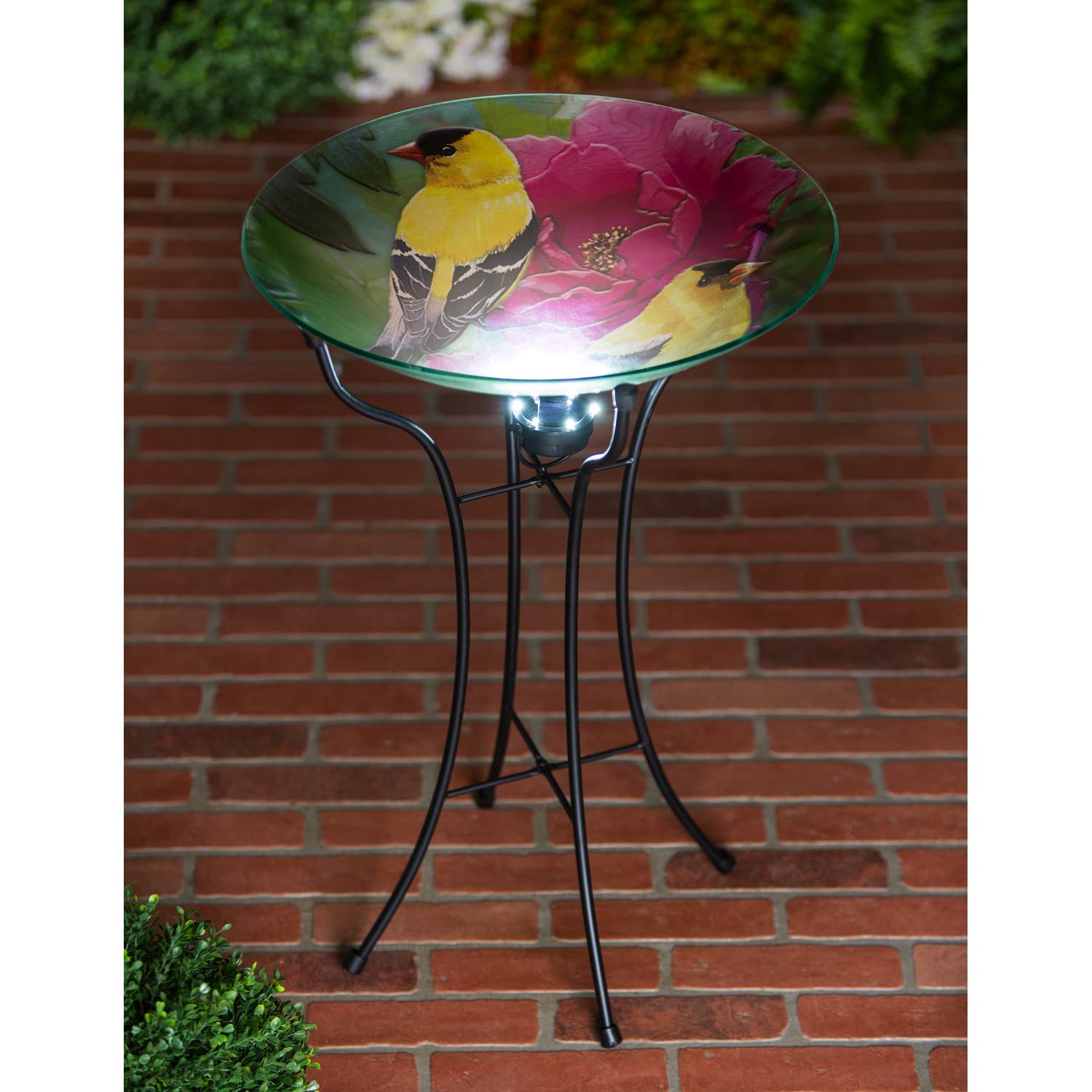 Evergreen 18-Inch Hand Painted Embossed Glass Bird Bath with Solar Stand - Goldfinch Design for Garden, Patio, and Outdoor Decor
