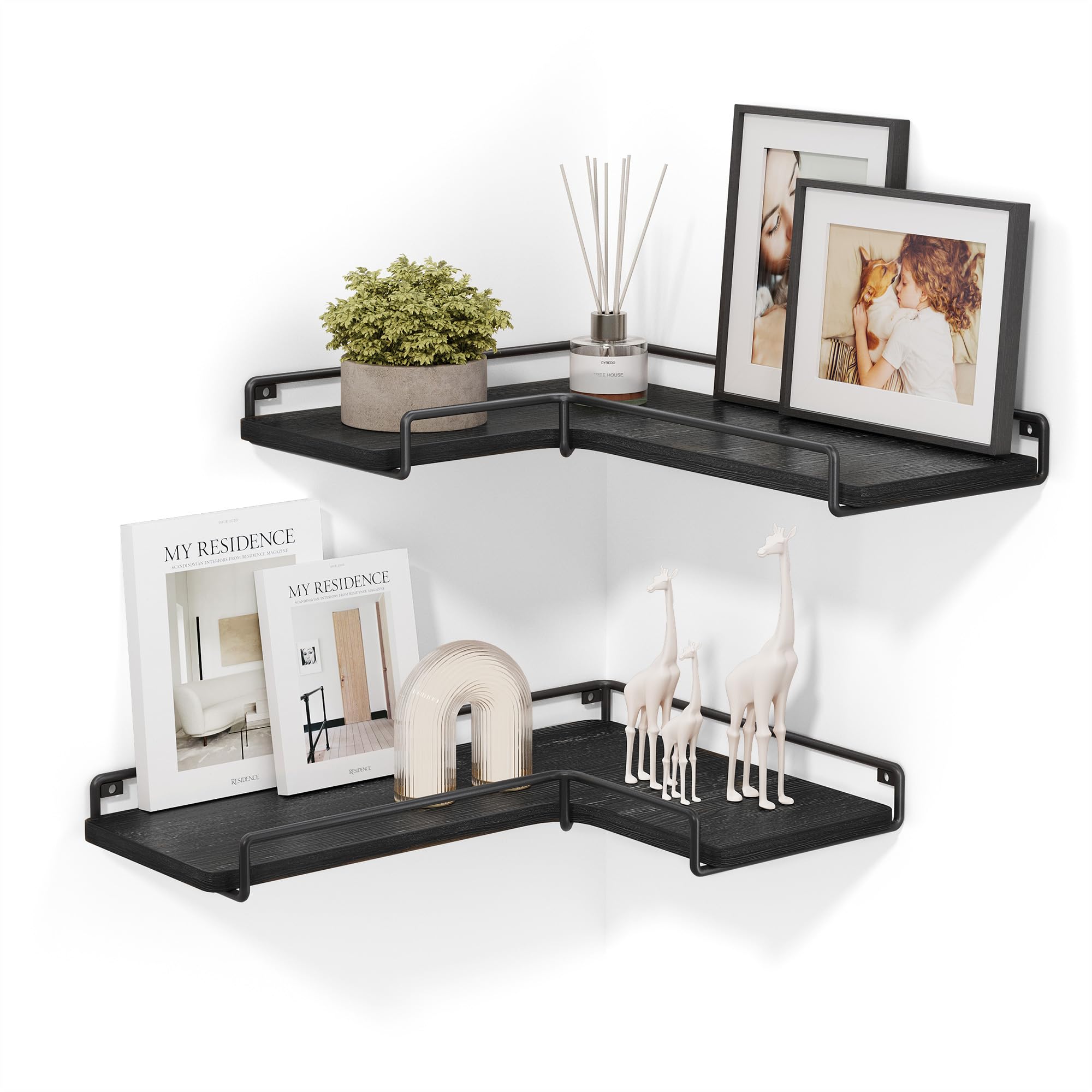 VASAGLE Set of 2 Corner Floating Shelves Wall Mounted - Black Corner Shelf for Living Room, Bedroom, Kitchen & Bathroom - Space Saving Storage Solution for Home Decor, Books & Plants | ULLS831B22