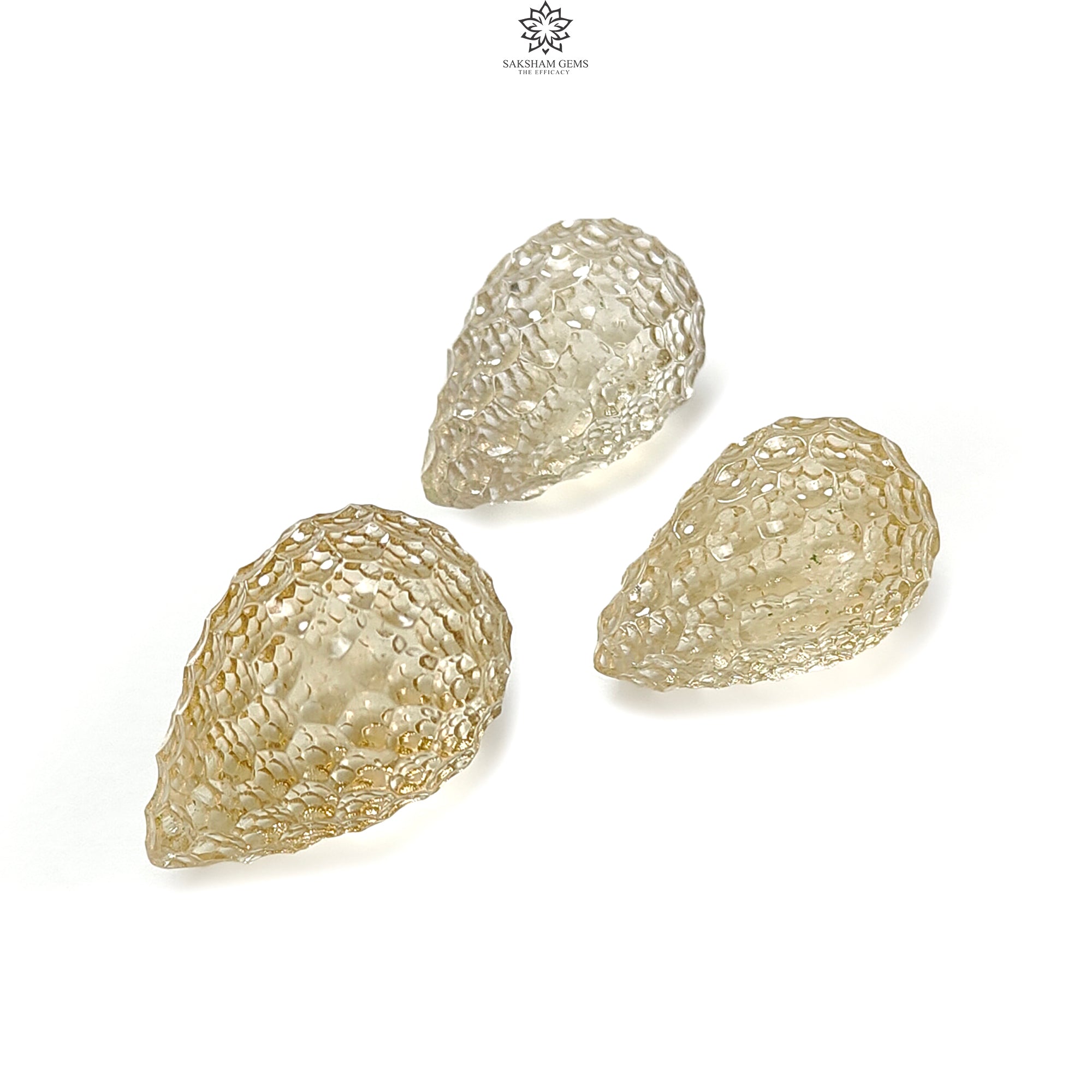 Natural Untreated Yellow Citrine Gemstone Carving - 66.90cts Hand Carved Teardrop Shape 20mm x 23mm (3pcs Set) | November Birthstone Jewelry Making Supplies for Necklaces, Earrings & DIY Crafts