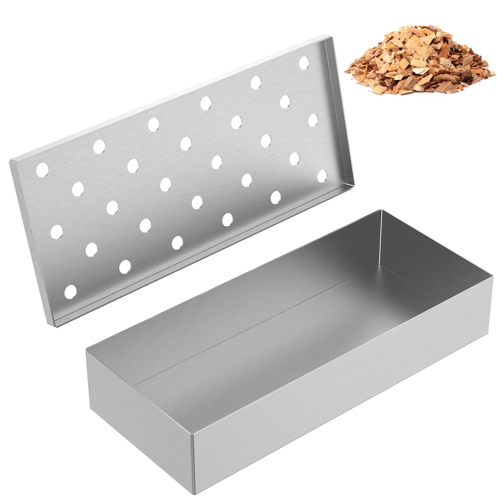2Pcs Stainless Steel BBQ Smoker Box with Lid - Wood Chip Smoker Box for Gas & Charcoal Grills - Enhance Grilling Flavors - Perfect for Backyard BBQ, Camping & Outdoor Cooking