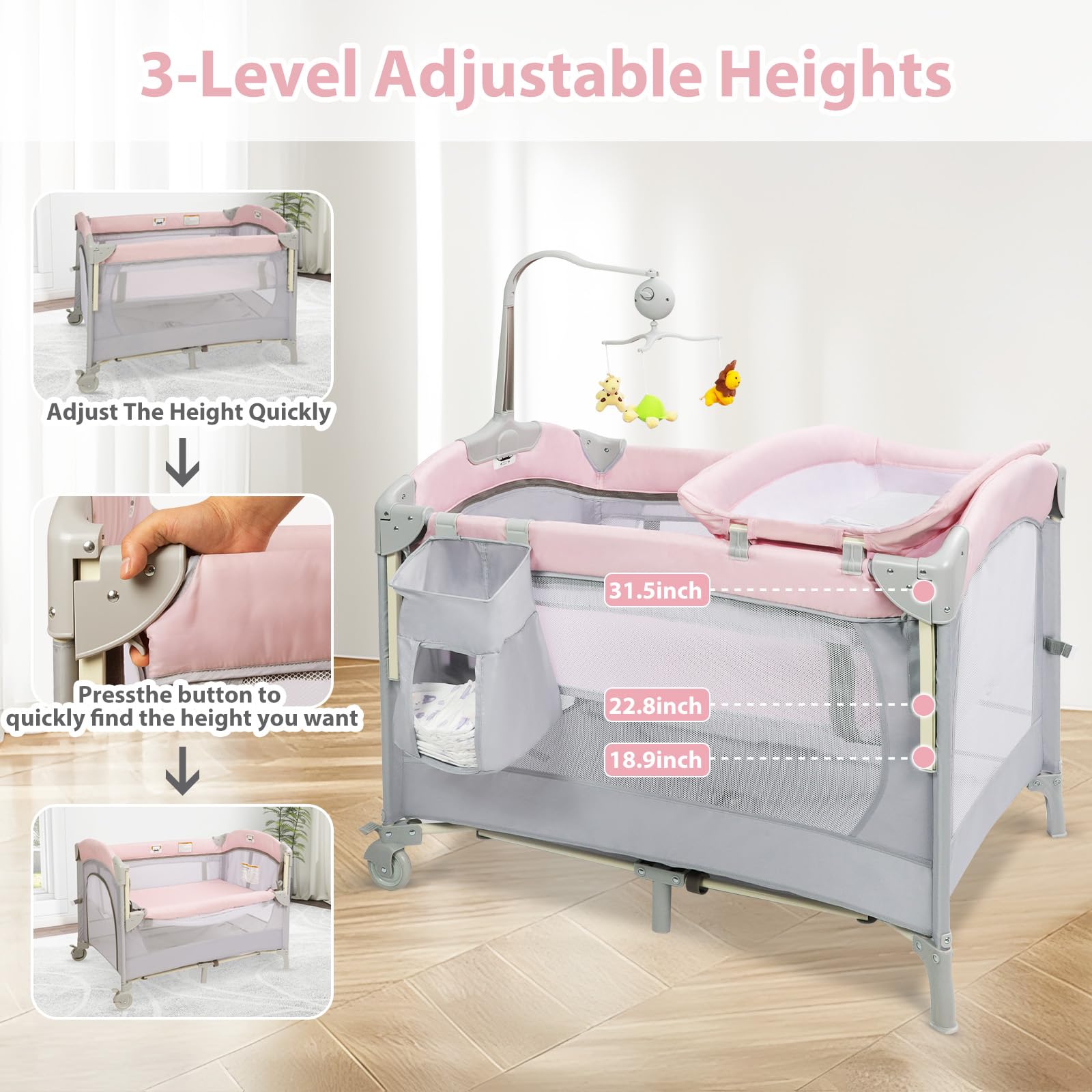 5-in-1 Baby Bassinet Bedside Crib with Adjustable Height, Portable Pack and Play Sleeper for Newborns & Infants - Perfect for Nursery, Bedroom Co-Sleeping & Travel (Pink)