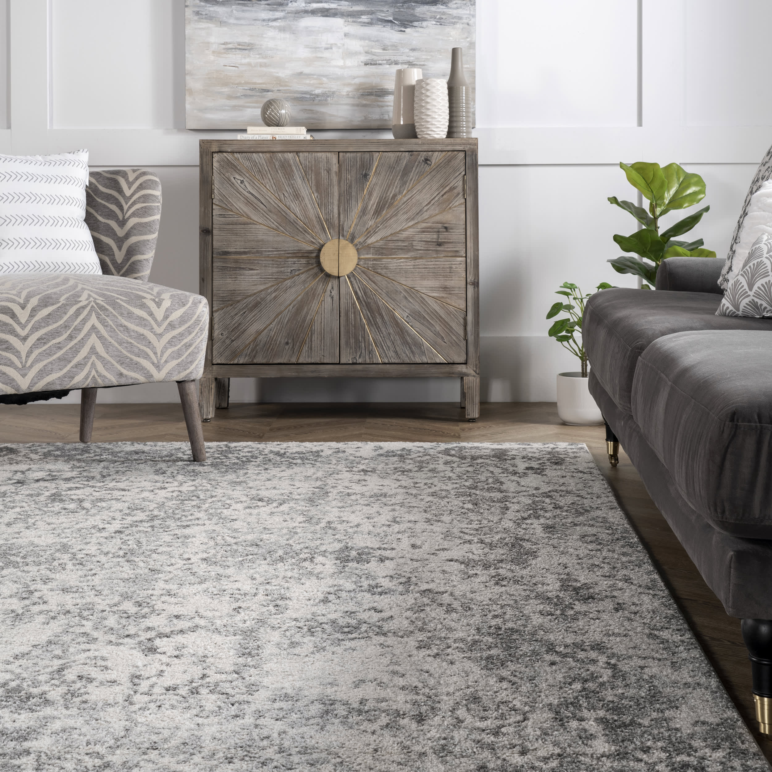 Cardinal Peony Vineyard Rug | Grey Washable Area Rug for Living Room, Bedroom, Dining Room – Soft & Durable Home Decor