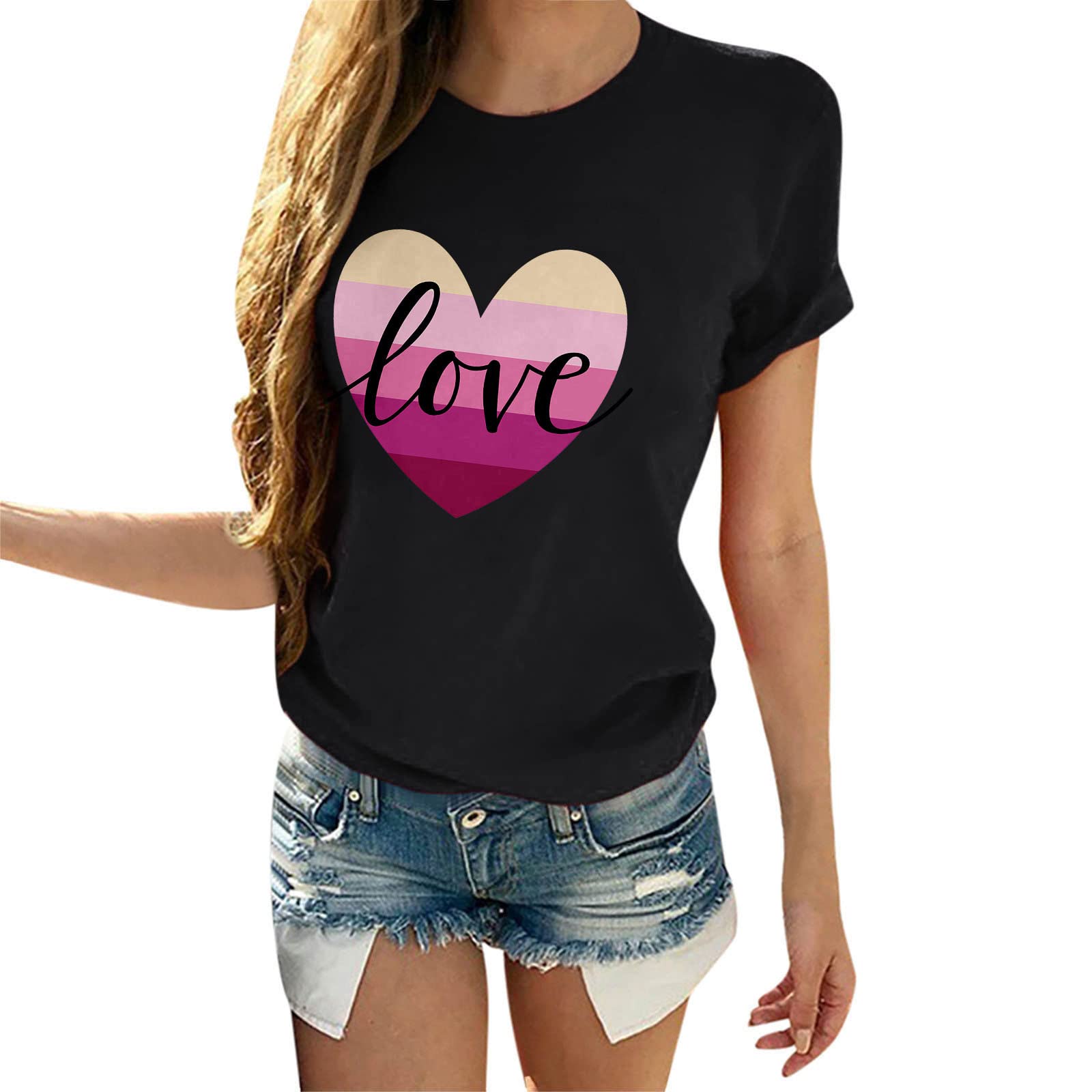 Valentine's Day Women's Short Sleeve T-Shirt - Heart Print Loose Fit Blouse Top for Casual Wear & Date Nights (Black)