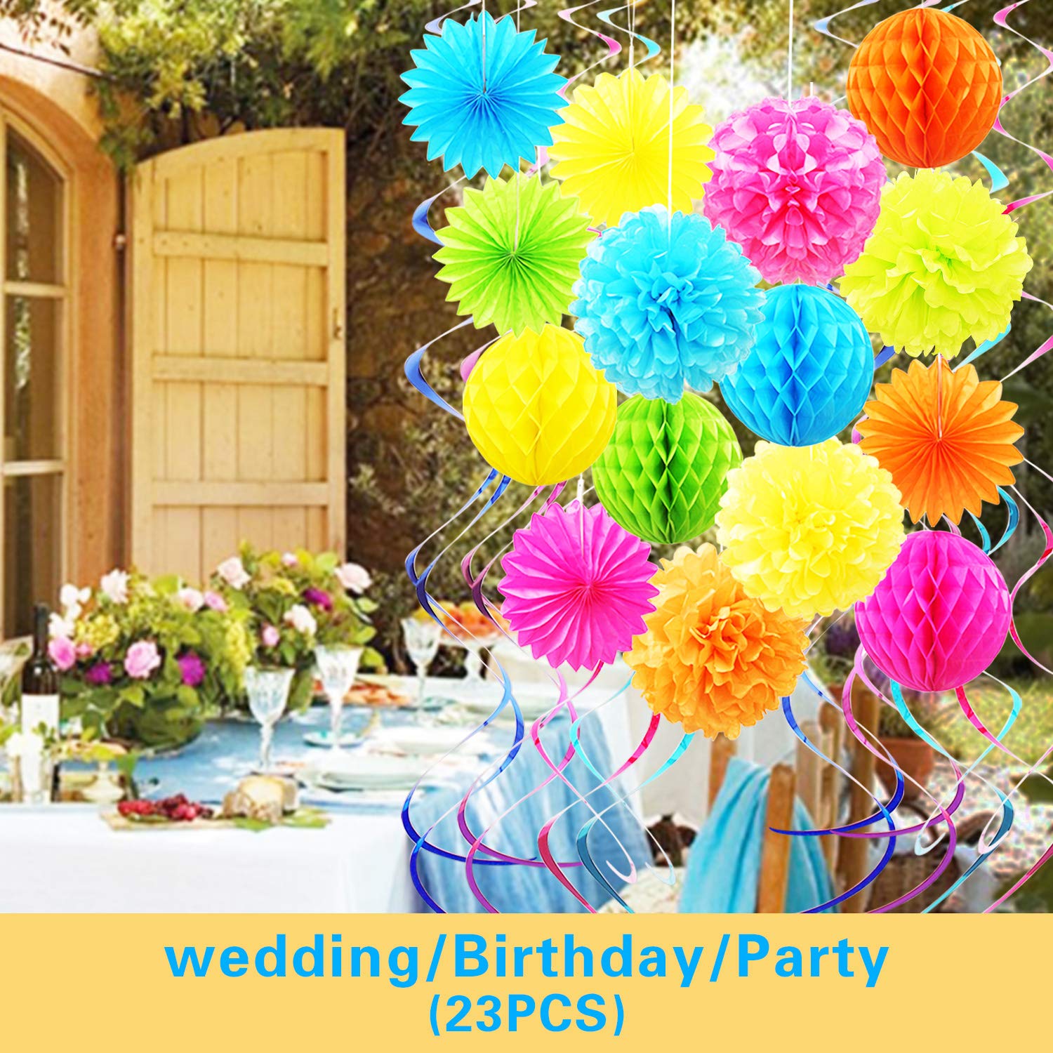 Vibrant Tissue Paper Flowers & Party Pom Poms with Swirl Streamers - Premium Quality Hanging Decorations for Birthday, Wedding, Bridal Shower & Bachelorette Parties - Perfect for DIY Home Decor, Baby Showers & Celebration Backdrops
