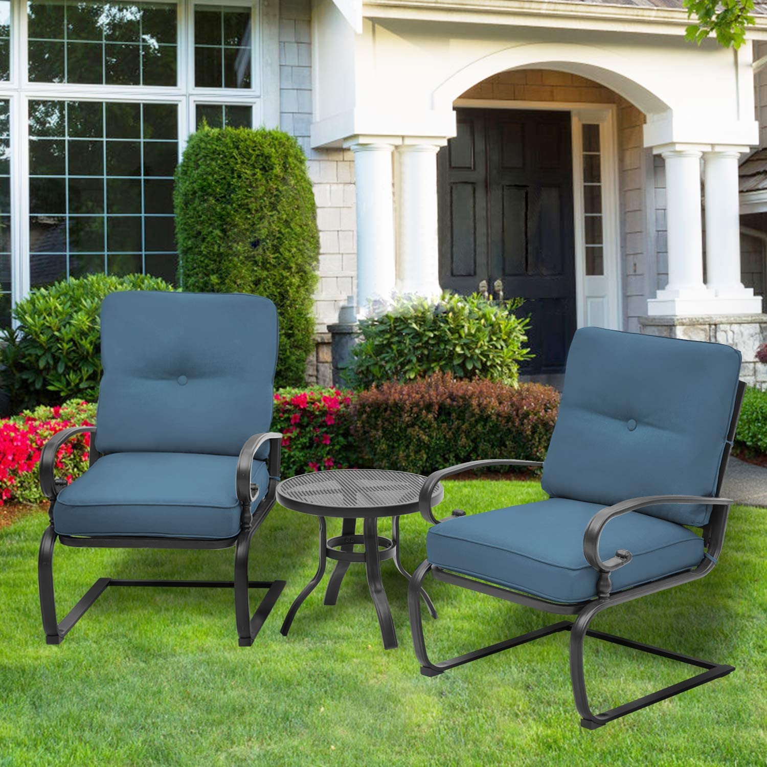 SUNCROWN 3-Piece Outdoor Patio Bistro Set with Spring Motion Chairs & Round Cafe Table - Steel Frame Conversation Furniture with Cushions (Peacock Blue) - Perfect for Garden, Balcony, and Backyard Relaxation