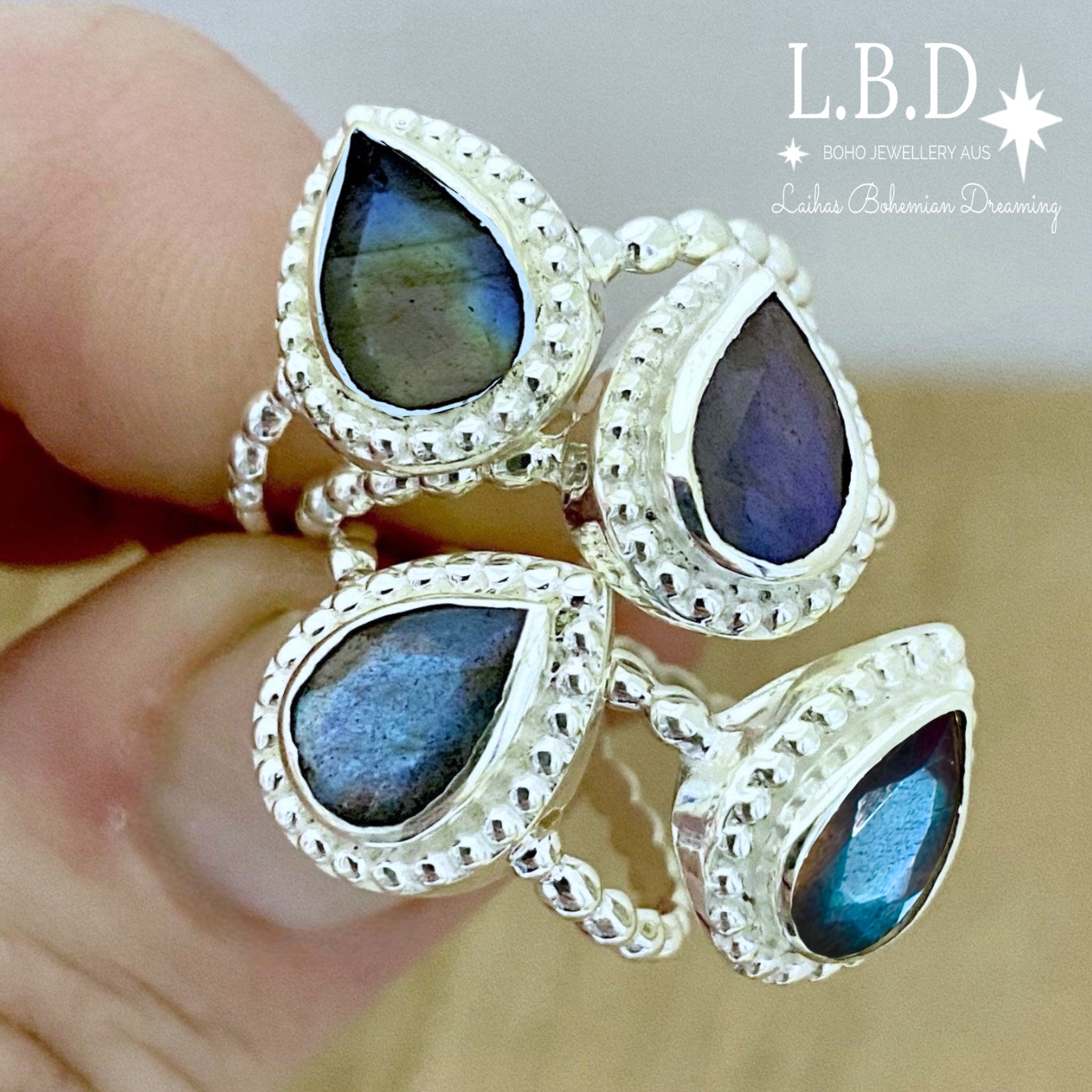 Laihas Summer Haze Raindrop Labradorite Ring - Dainty Blue Gemstone Jewelry for Women, Perfect for Beach Vacation & Boho Fashion
