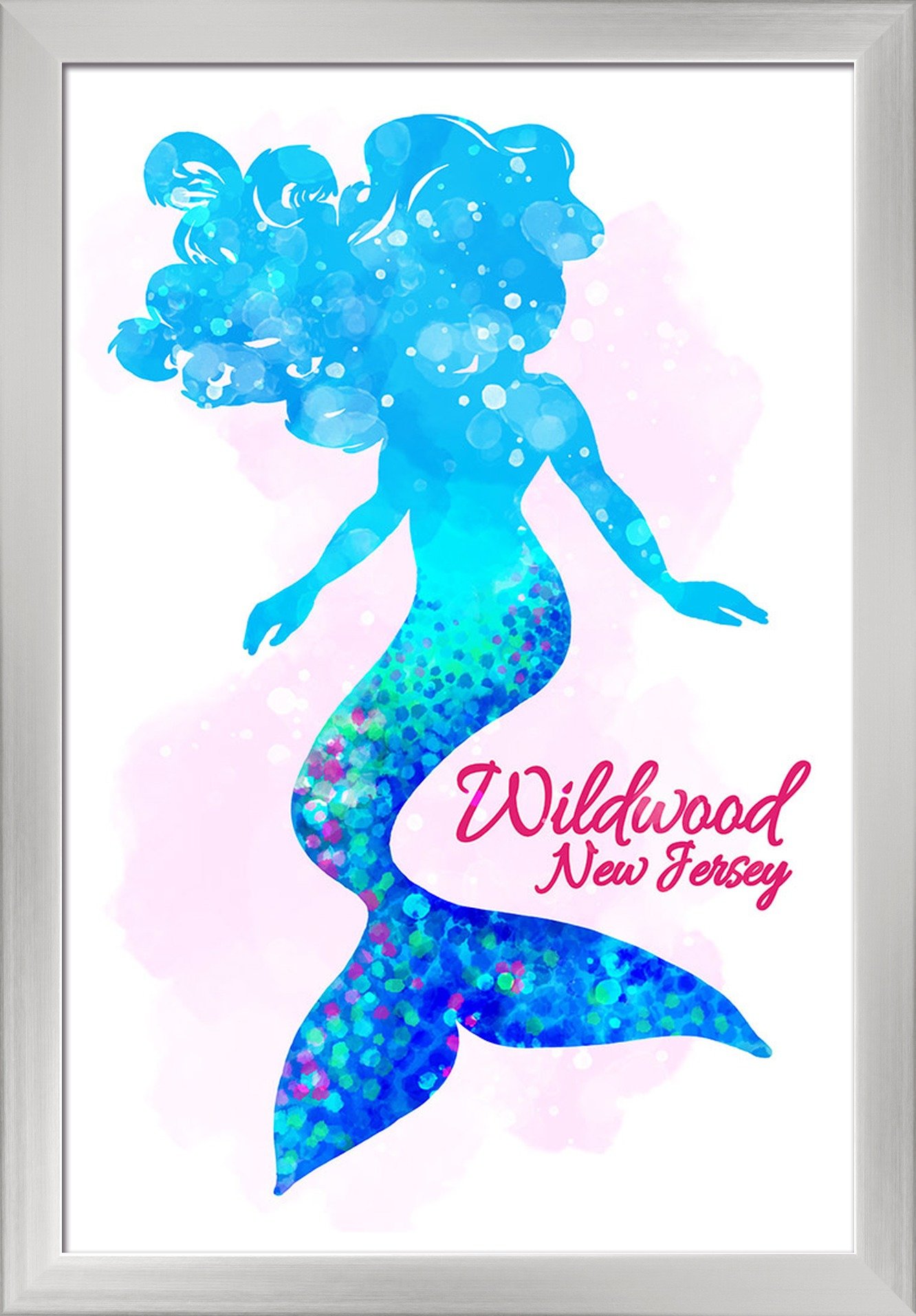 Wildwood New Jersey Silhouette Mermaid Art Print - 16x24 Giclee Fine Art with Recycled Wood Frame in Silver - Perfect for Beach House Decor, Coastal Living Room Wall Art & Nautical Bedroom Accent