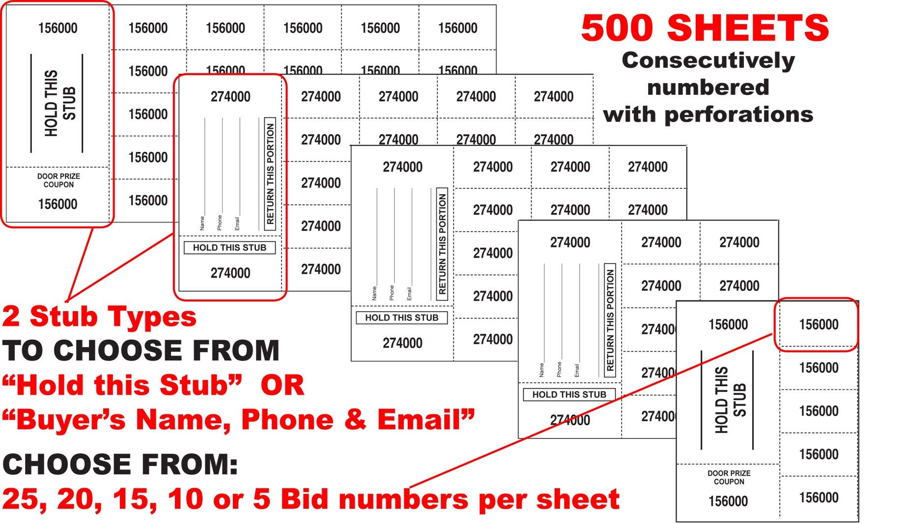 500 White Auction Tickets with Customizable Buyer Info - 