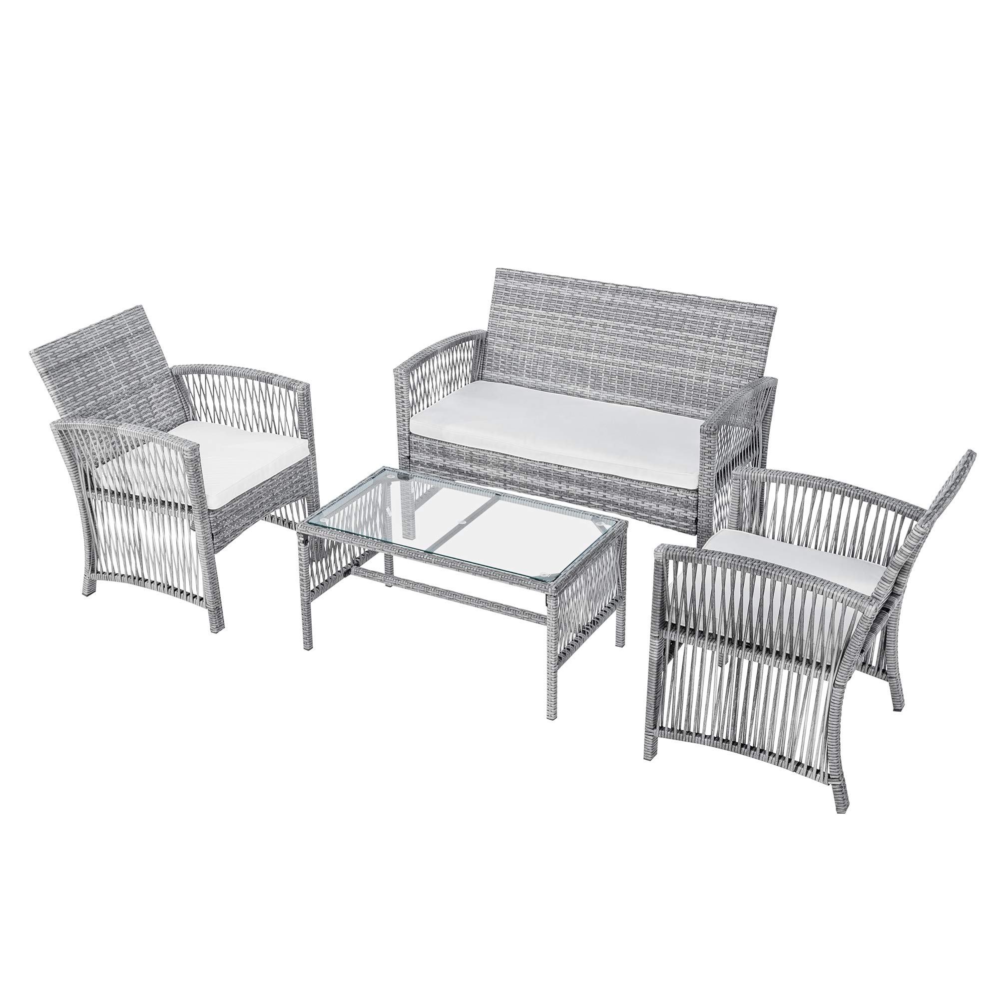 4-Piece Outdoor Rattan Dining Set - Wicker Chairs with Cushions & Glass Table - Patio Furniture for Backyard, Garden, Poolside - Perfect for Al Fresco Dining, Summer BBQs, and Outdoor Entertaining