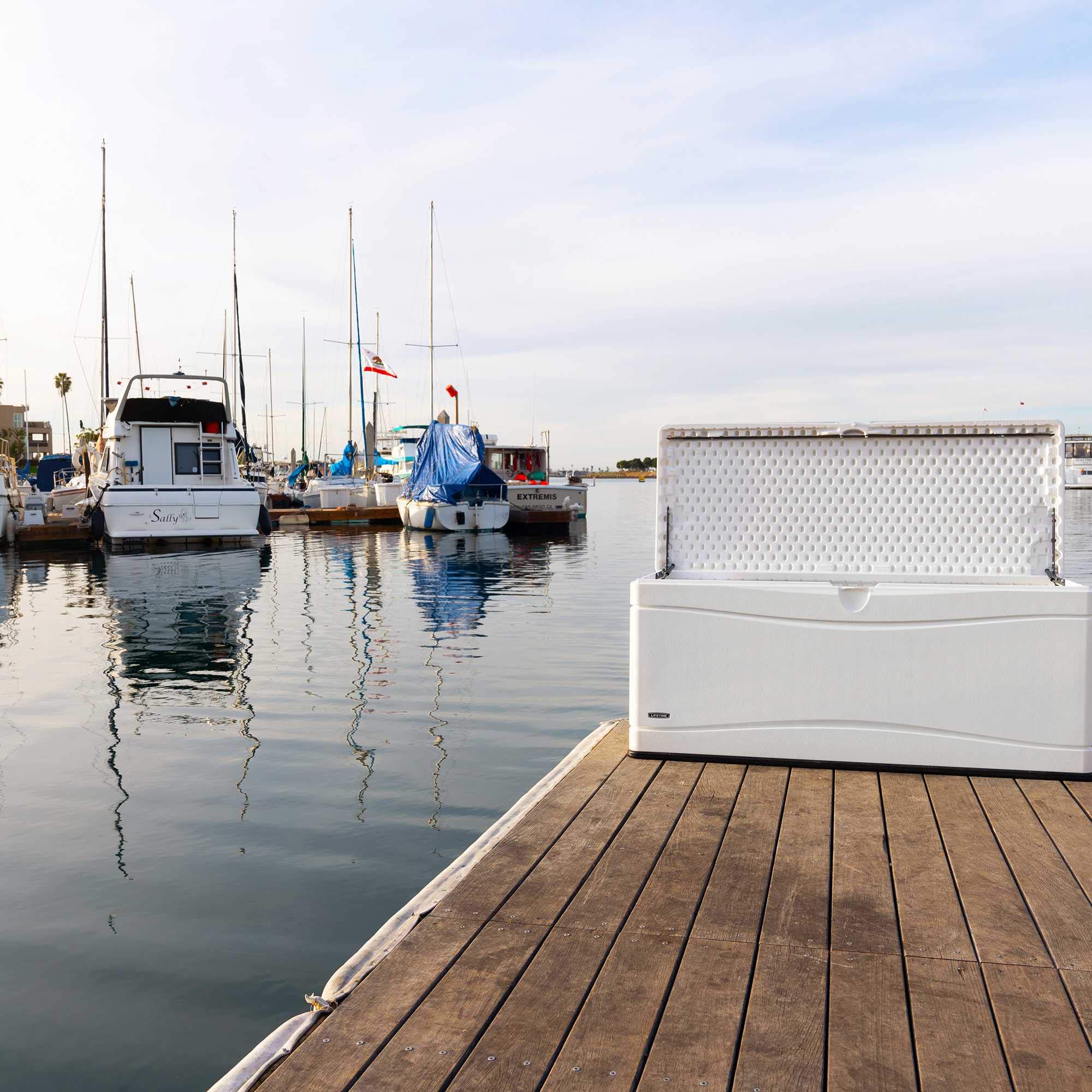 Lifetime 60348 130 Gallon Marine Dock Deck Box in Arctic White – Perfect for Outdoor Storage, Boat Docks, and Patio Organization