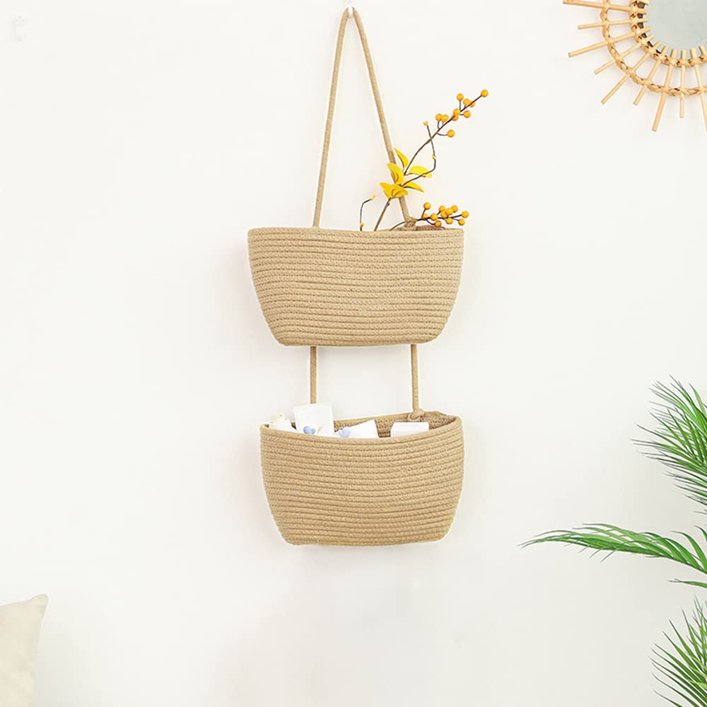 TeoKJ 2-Tier Woven Cotton Over the Door Hanging Basket - Wall Mounted Storage Organizer for Kitchen, Bathroom & Bedroom - Jute Decorative Storage Baskets - Perfect for Fruits, Vegetables, Toys & Towels