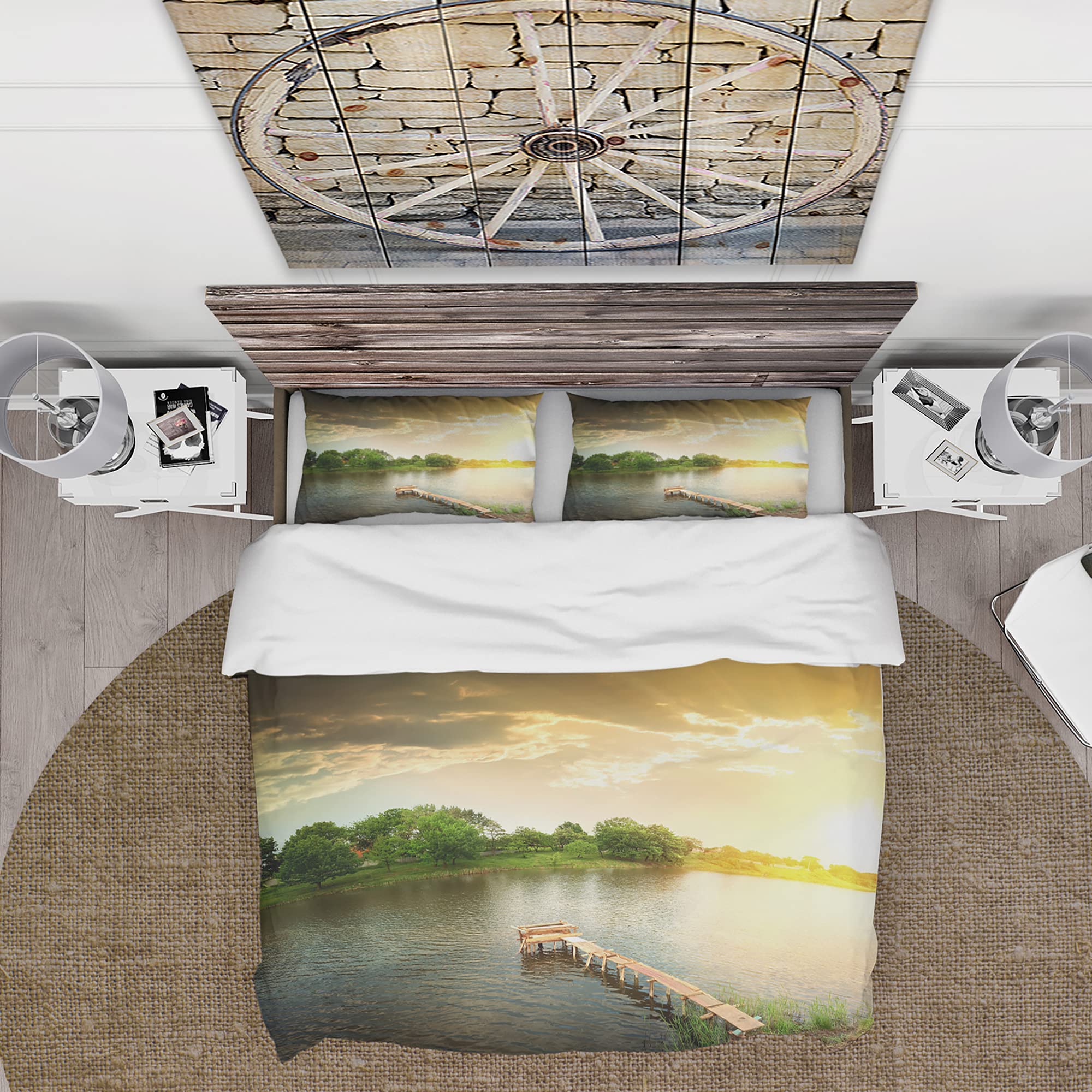 DesignQ Lake House Duvet Cover Set Queen - Green Landscape Bedding 3-Piece Set for All Seasons | Cozy Lakeside Retreat Bedroom Decor for Vacation Homes & Cabin Getaways