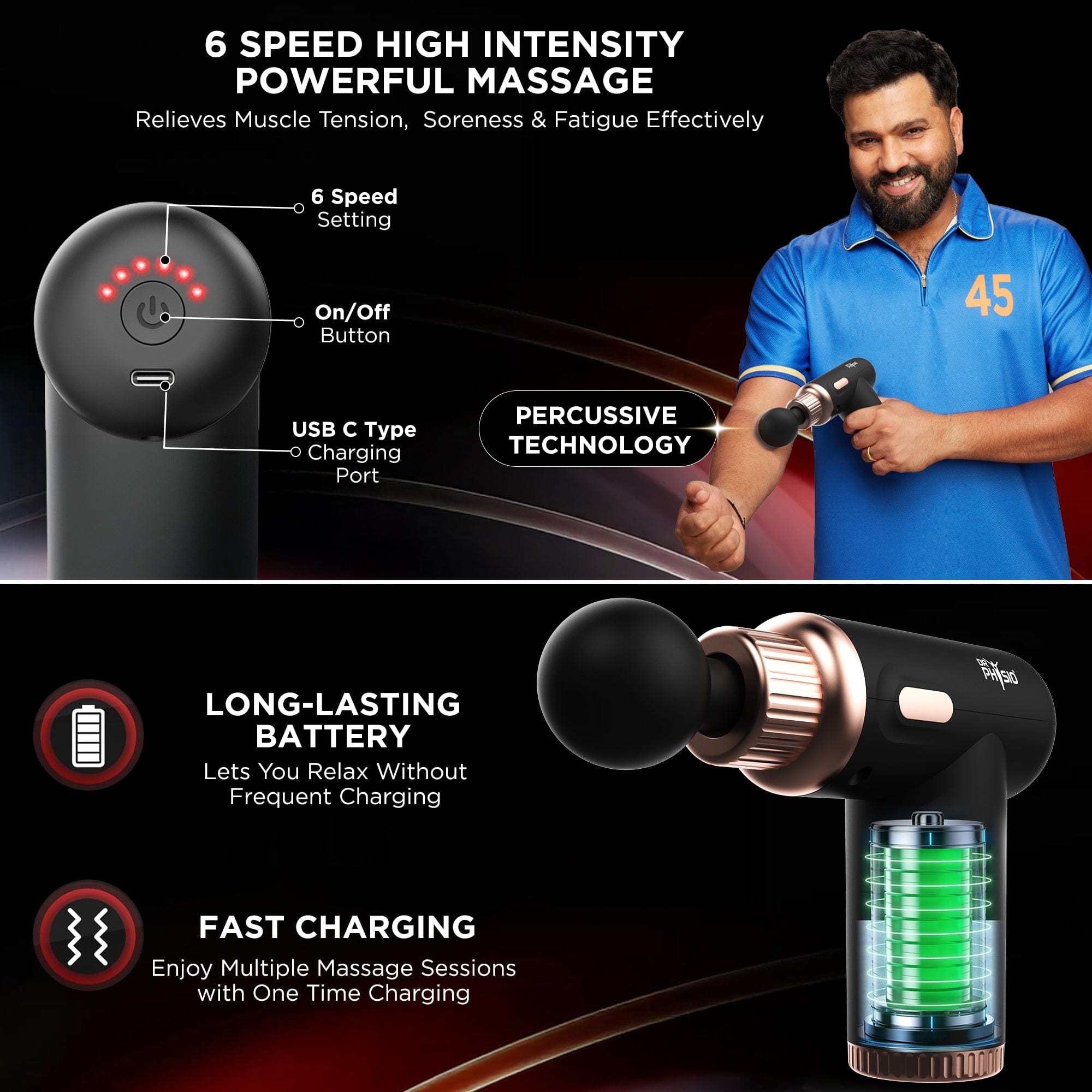Dr Physio Dynamo Rechargeable Deep Tissue Massage Gun - Powerful Percussion Therapy for Muscle Pain Relief & Recovery - Perfect for Athletes, Gym Lovers & Home Use