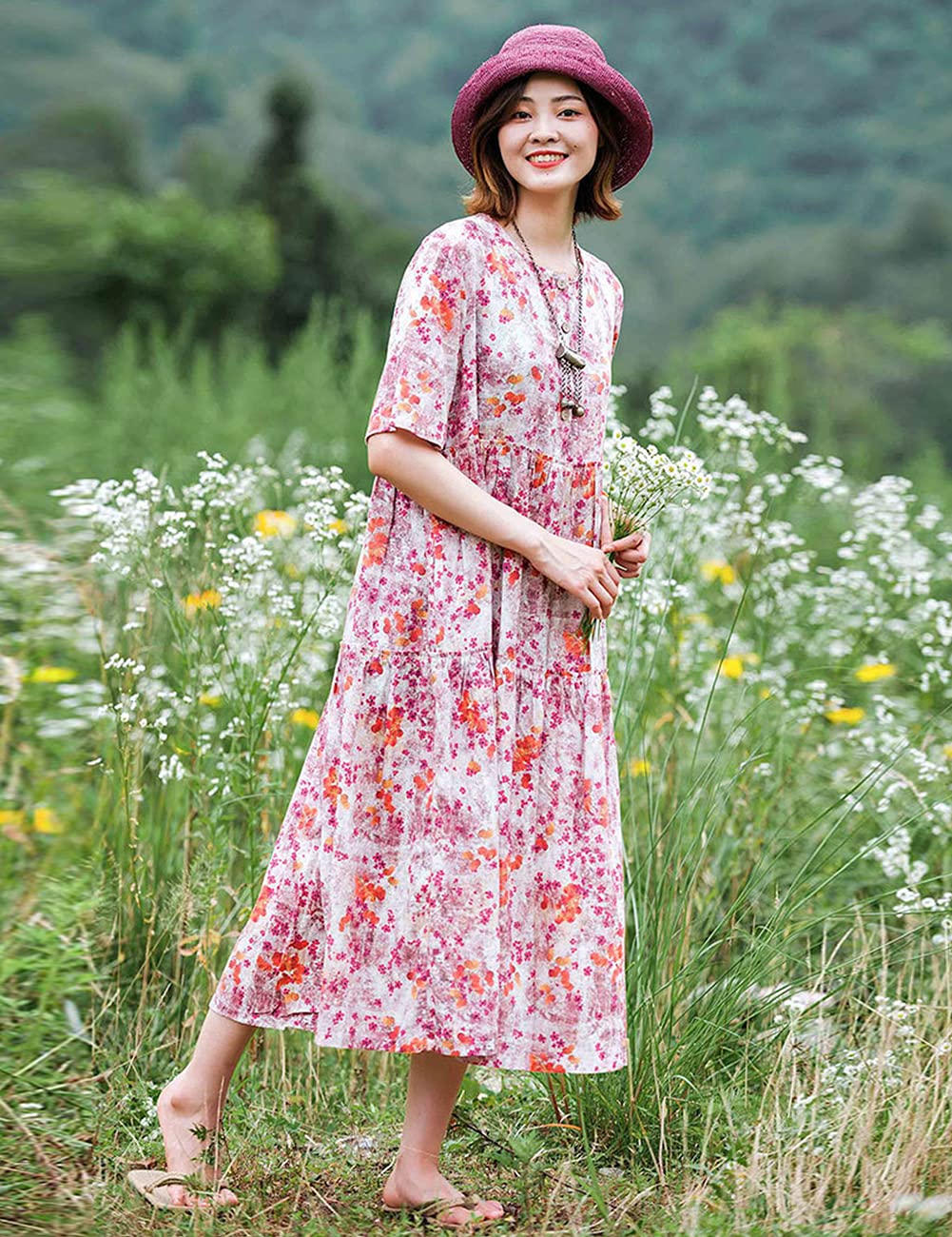 Women's Casual Loose Bohemian Floral Maxi Dress with Pockets - Short Sleeve Summer Beach Swing Dress for Vacation, Outdoor Parties & Boho Fashion