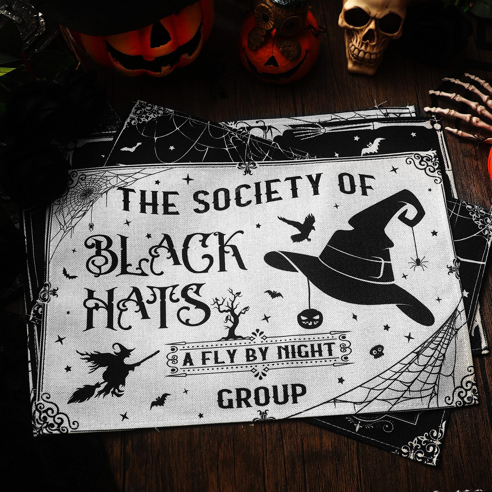Umigy 6-Pack Gothic Bat Halloween Placemats 12x18 Inches - Washable Skull & Witch Themed Table Mats for Spooky Dining Decor, Kitchen & Party Accessories (Black & White Character Design) - Perfect for Halloween Parties, Themed Dinners & Gothic Home Decor