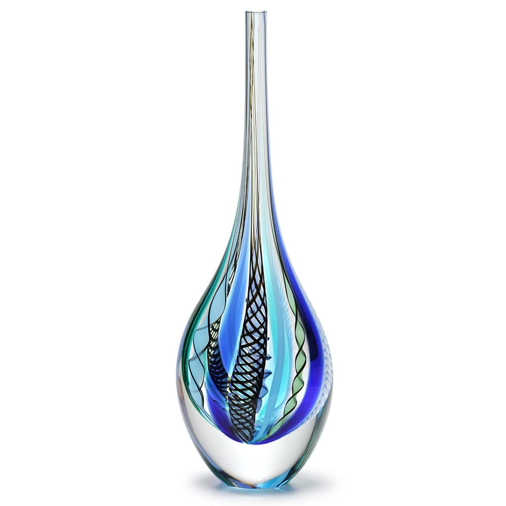 Hand Blown Murano-Style Art Glass Vase - Cá d'Oro Drop Glass Vase in Hippie Blue/Green Canes, Tall Model - Perfect for Bohemian Home Decor, Wedding Centerpieces & Luxury Gift Giving