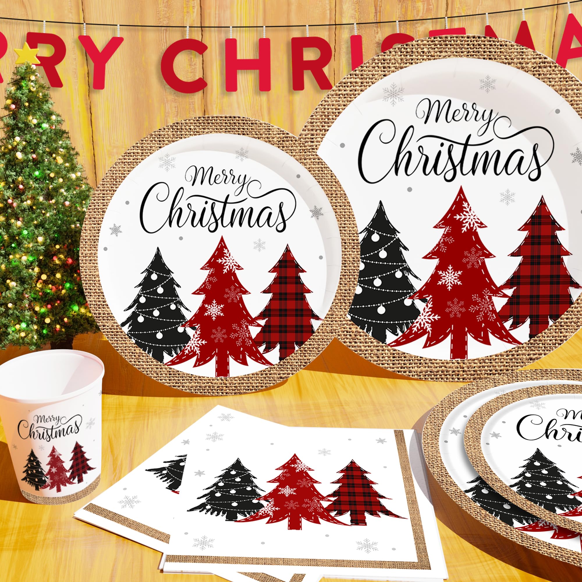 Christmas Tree Dinnerware Set - 25-Piece Disposable Party Plates, Napkins & Cups for Holiday Gatherings, Family Dinners & Festive Celebrations
