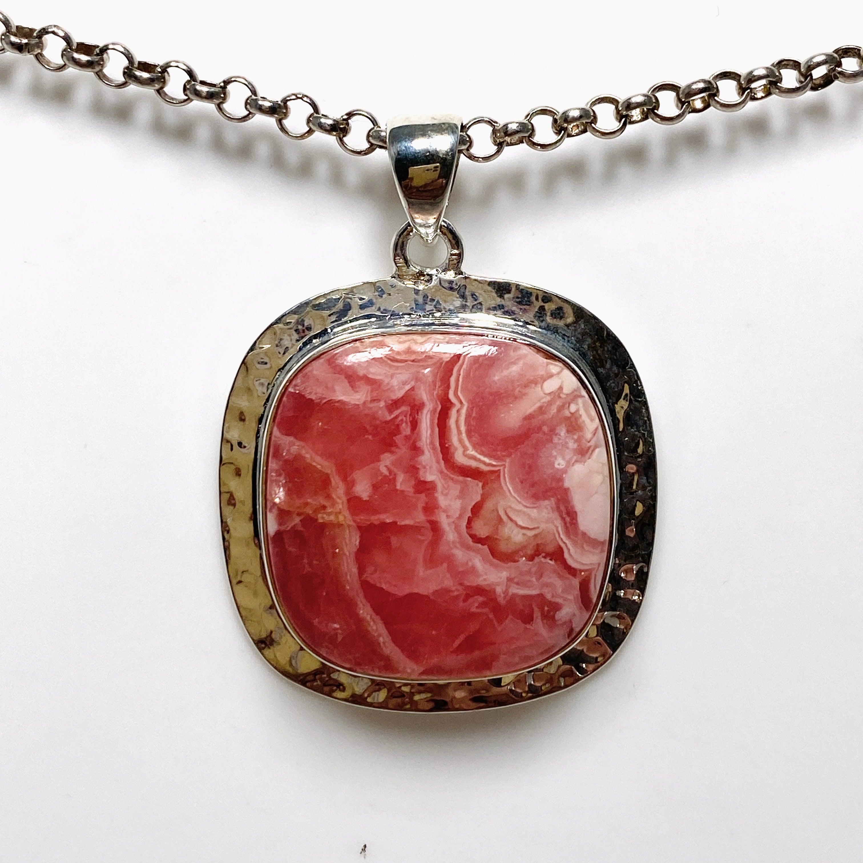 Rhodochrosite Square Pendant Necklace - Handcrafted Hammered Sterling Silver Jewelry KPGJ4323 | Perfect for Gift Giving, Date Nights & Special Occasions
