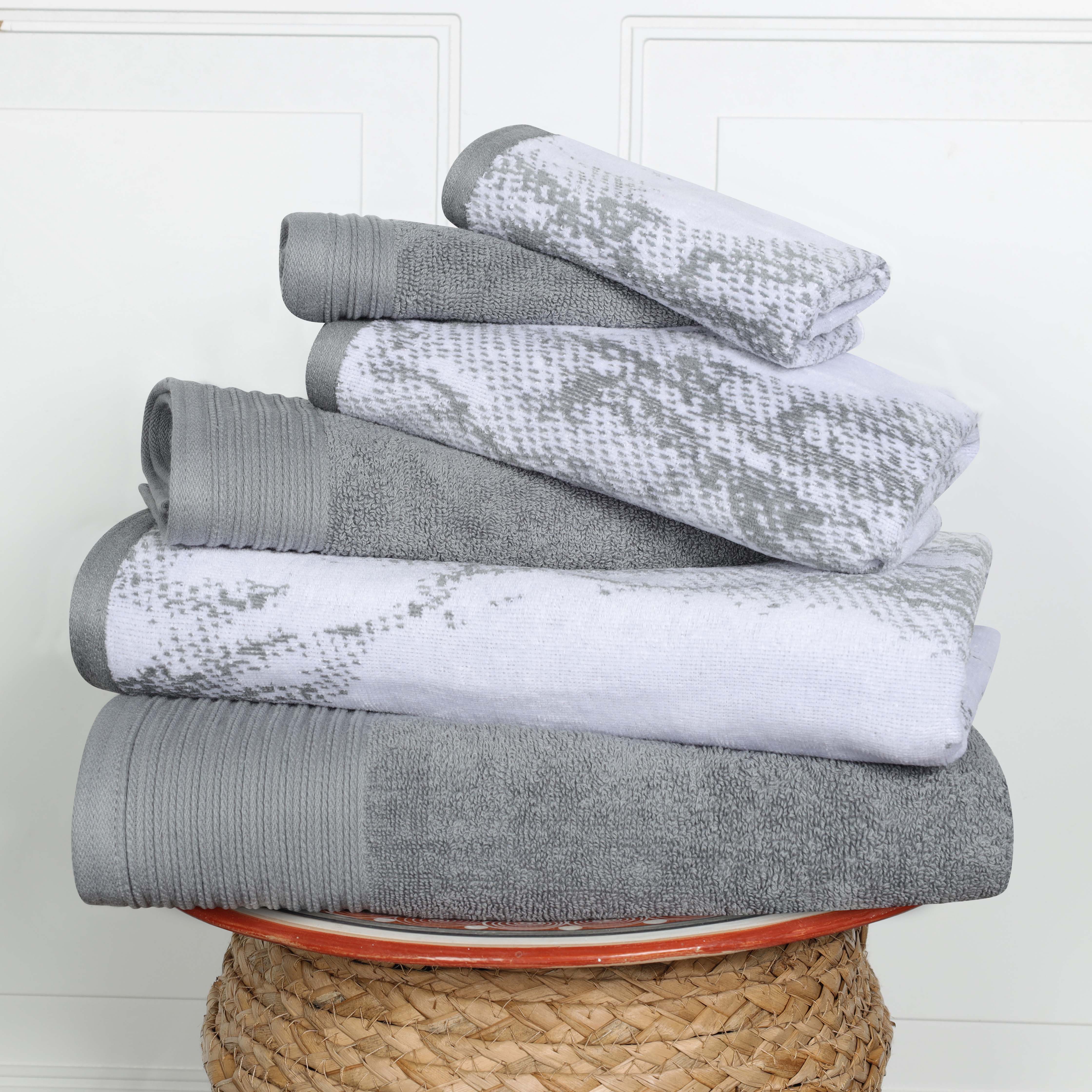 Premium 6-Piece Cotton Quick-Drying Towel Set - Solid & Marble Patterns for Bath, Gym, Beach, and Spa | Ultra Absorbent & Soft Bath Towels
