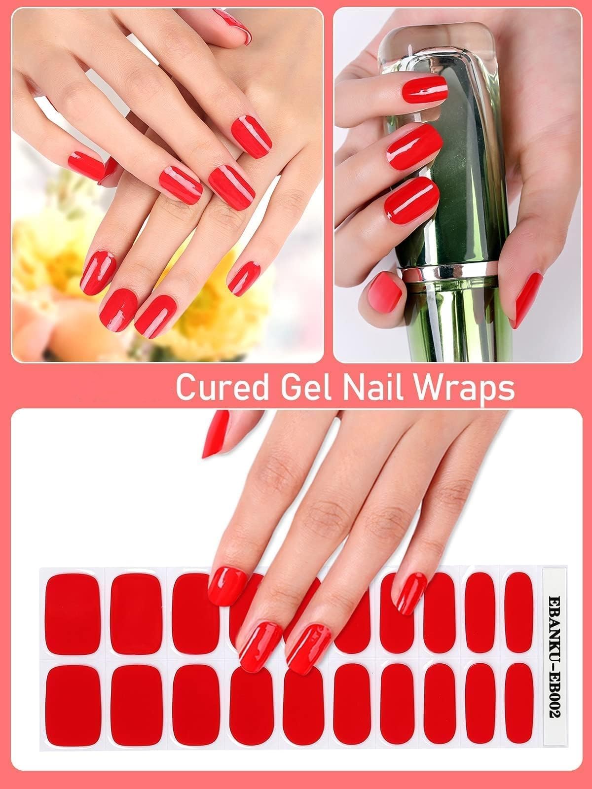 EBANKU Red Cured Gel Nail Strips - Long Lasting Waterproof Nail Polish Wraps with Nail File & Stick (UV/LED Lamp Required) - Perfect for Salon, Home Manicure, Parties & Special Occasions