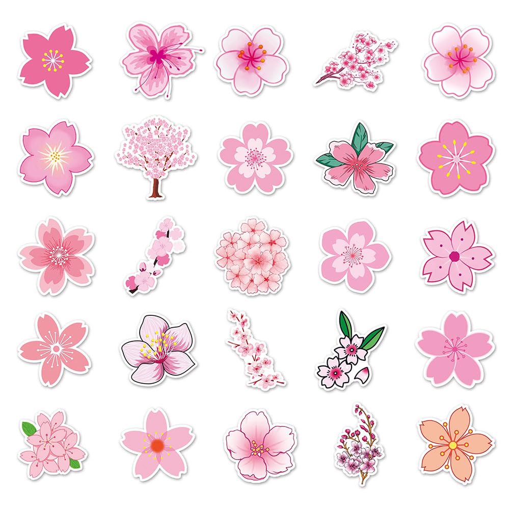 50Pcs Sakura Cherry Blossom Waterproof Vinyl Stickers - Japanese Floral Decals for Bike, Water Bottle, Laptop, Luggage, Skateboard - Perfect for DIY Crafts, Scrapbooking & Home Decor