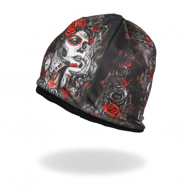 Stylish 3D Art Leather Sublimated Sugar Woman with Roses Beanie - Perfect for Winter Fashion & Outdoor Activities