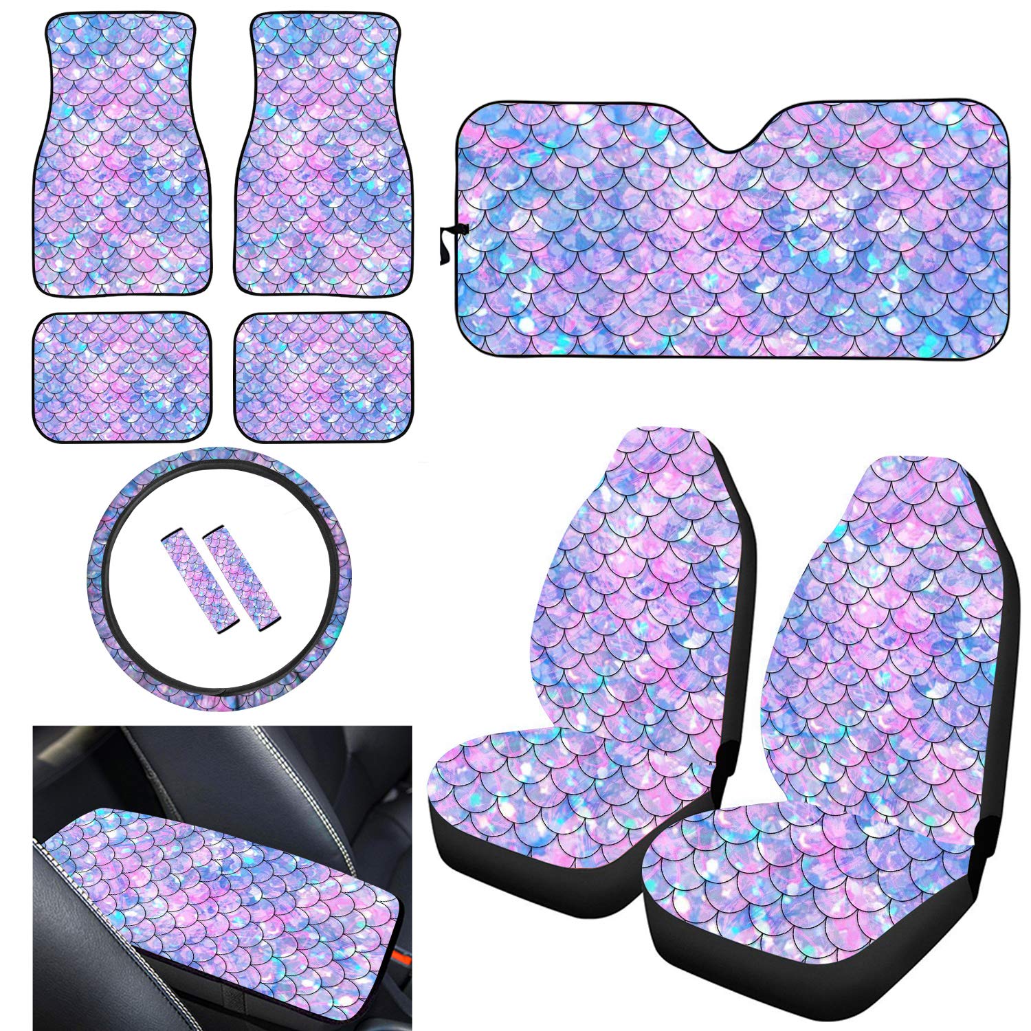Aoopistc 11-Piece Mermaid Scale Car Accessories Set - Colorful Fish Print Seat Protectors, Armrest Pads, Steering Wheel Covers, Seat Belt Covers, Sunshade & Floor Mats | Durable Car Interior Decor for Women & Teens | Perfect for Road Trips, Daily Commute & Gift Giving