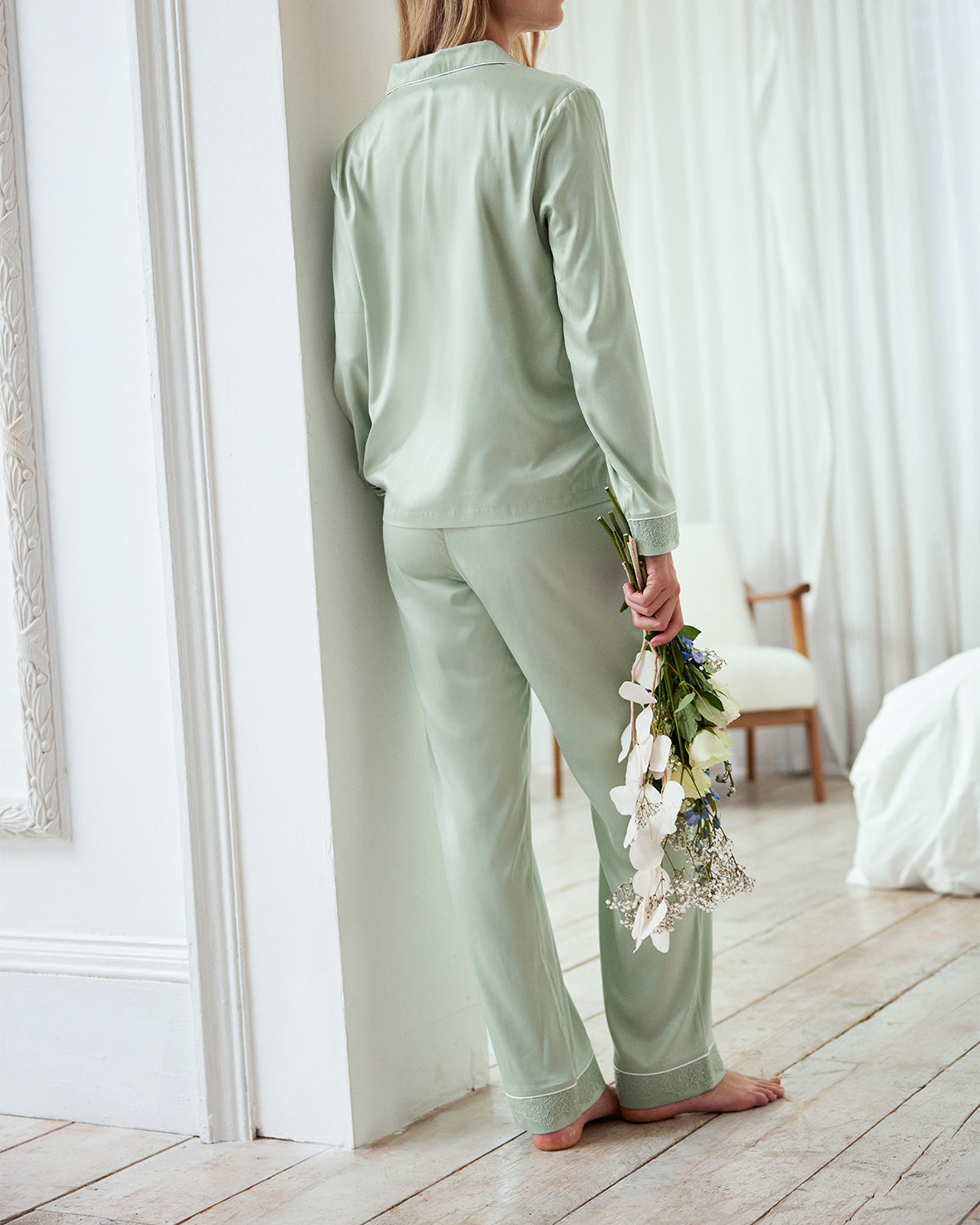 Elegant Satin Lace Trim Long Pajama Set for Women - Soft Comfortable Sleepwear in Sage Green - Perfect for Valentine's Day, Anniversary Gifts & Cozy Nights
