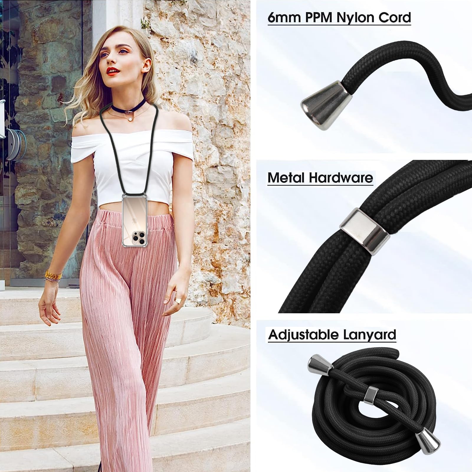 Pnakqil Transparent Silicone Phone Case for iPhone 16 Pro Max with Adjustable Shoulder Strap & Anti-Drop Protection - 6.9 Inch Cord, Black - Perfect for Outdoor Activities, Travel & Hands-Free Use