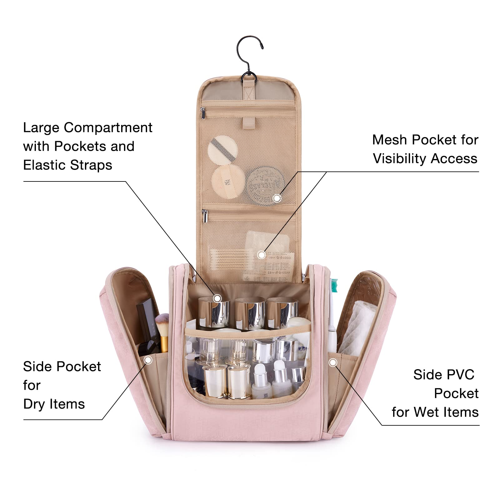 BAGSMART Extra Large Hanging Toiletry Bag for Travel - Waterproof Cosmetic Makeup Organizer with Large Capacity for Full-size Toiletries (Pink) - Perfect for Vacation, Business Trips & Camping Essentials