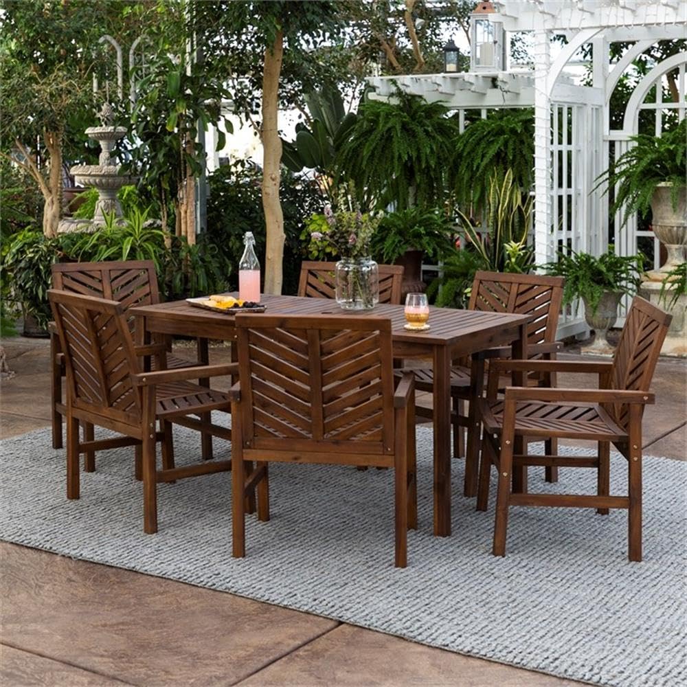 Walker Edison 6-Person Outdoor Wood Chevron Patio Dining Set - 7-Piece All-Weather Furniture with Table & Chairs for Backyard, Garden, Poolside, Balcony - Dark Brown | Perfect for Outdoor Entertaining, BBQs, and Relaxing in Your Yard