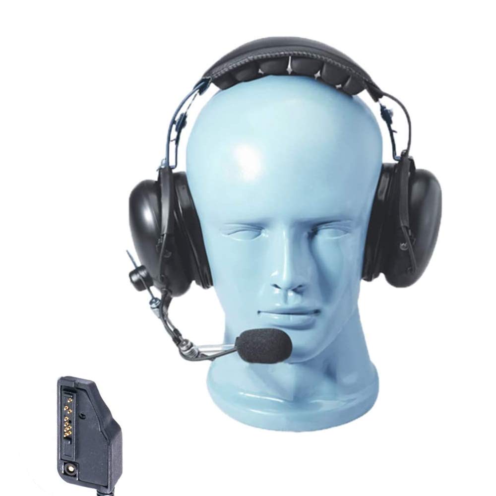 Heavy Duty Noise Cancelling Aviation Headset with Boom Mic - Over Ear Dual Muff Aviator Style Headphones Compatible with Kenwood TK-3140 & NX-300 - Perfect for Pilots, Air Traffic Control & Industrial Noise Protection