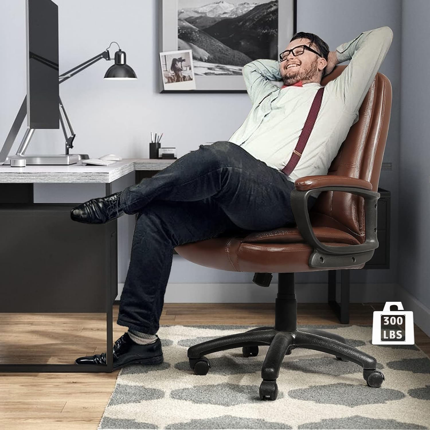 Lemberi Ergonomic Office Chair - High Back Executive Desk Chair with Adjustable Height, PU Leather & Cushion Support for Big and Tall Users - Perfect for Home Office, Gaming & Long Work Sessions (Brown)