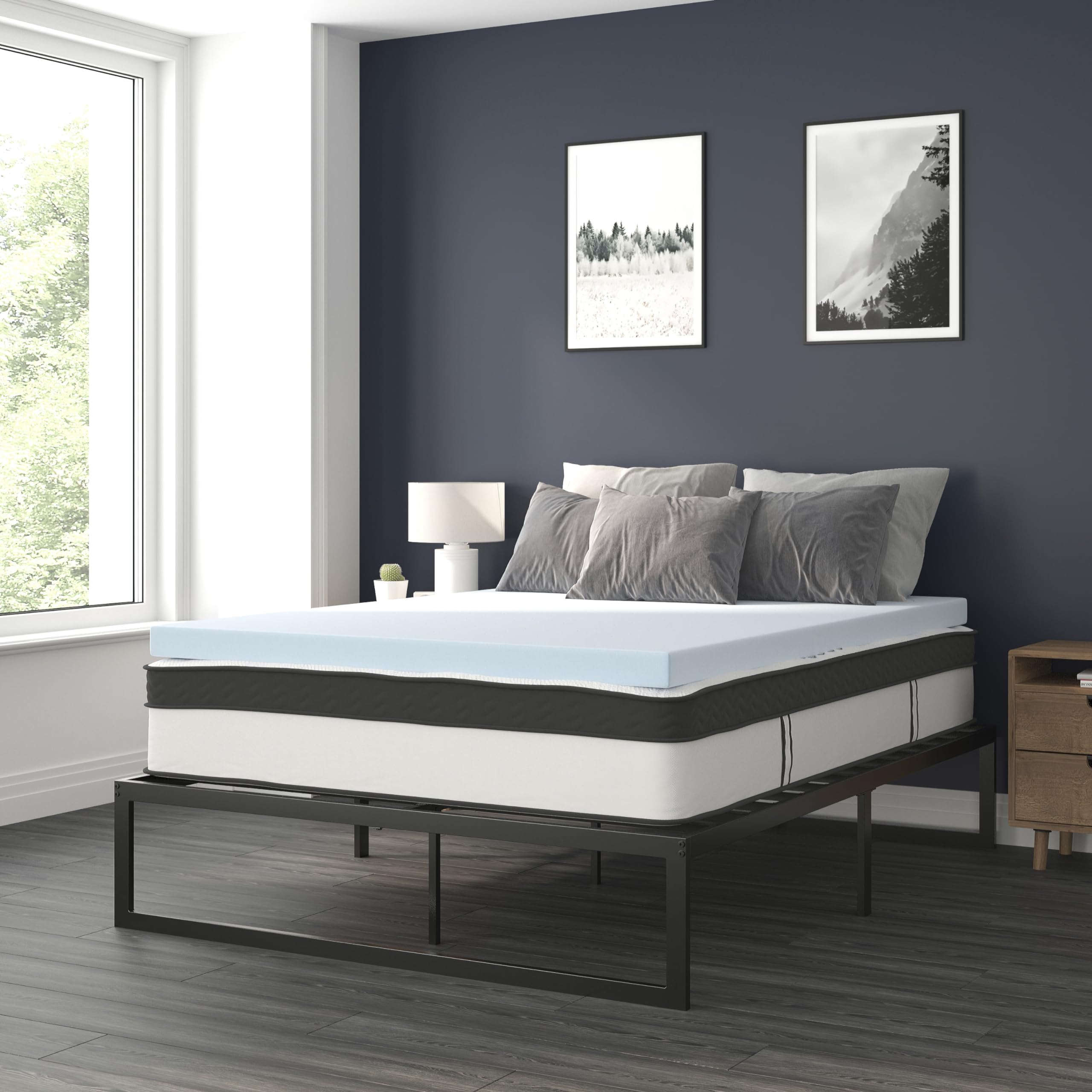 Flash Furniture 14 Inch Metal Platform Bed Frame with 12 Inch Pocket Spring Mattress & 3 Inch Cooling Gel Memory Foam Topper - Queen Size, Easy Assembly, Sturdy Support for Bedroom, Guest Room, Dorm