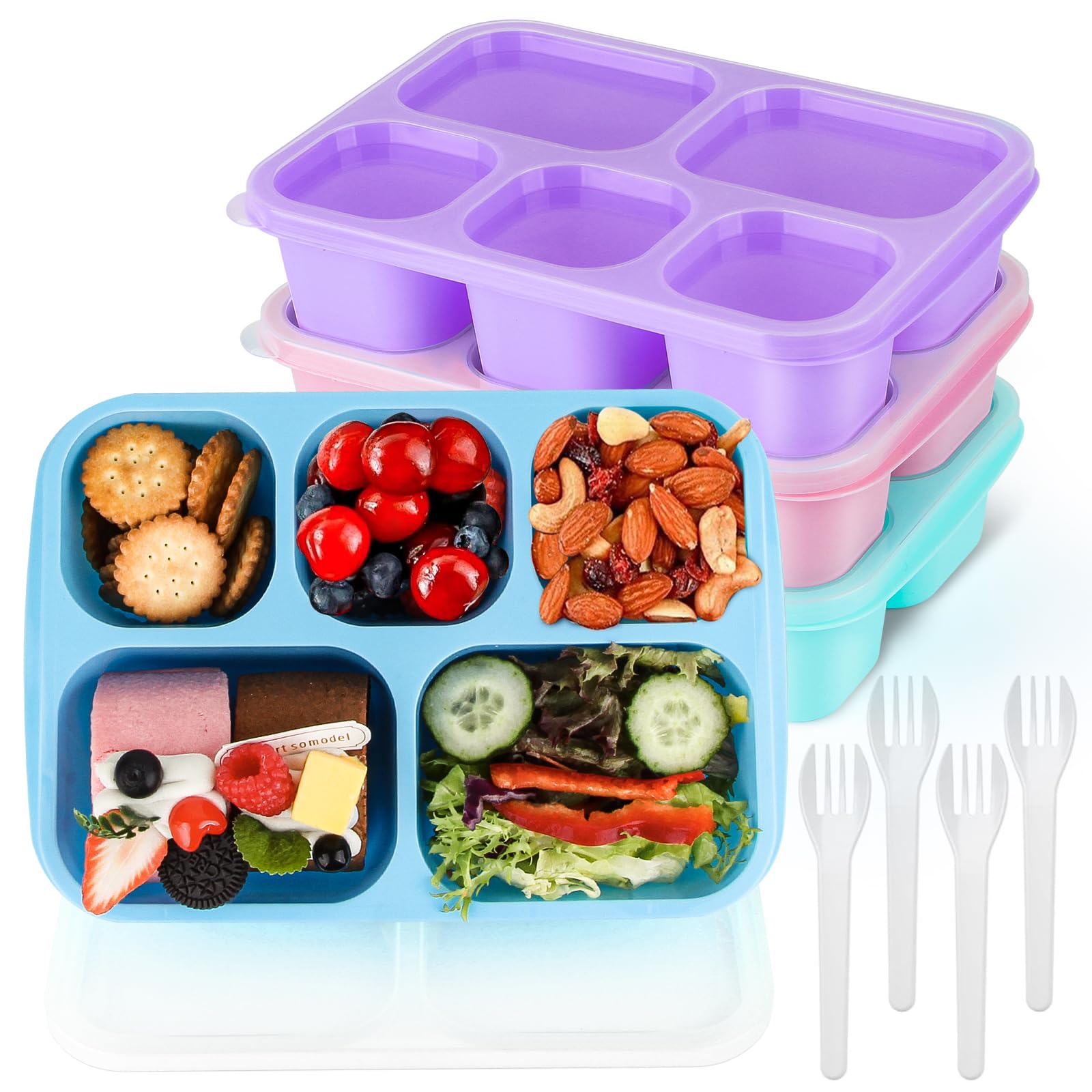 MaMix 5-Compartment Bento Lunch Box Set for Adults & Kids - 4 Pack Reusable Stackable Food Containers with Utensils - Perfect for School Lunches, Office Meals, Travel & Picnics (Macarons Design)