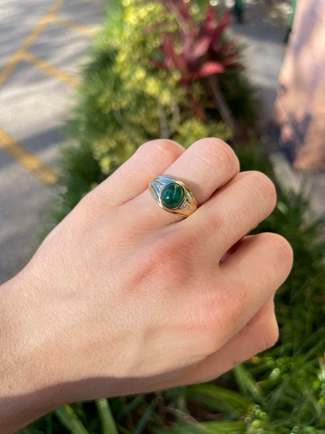 3.20tcw Natural Emerald Cabochon & Diamond Three Stone Men's Ring in 14K Gold - Perfect for Everyday Wear, Wedding Bands & Anniversary Gifts