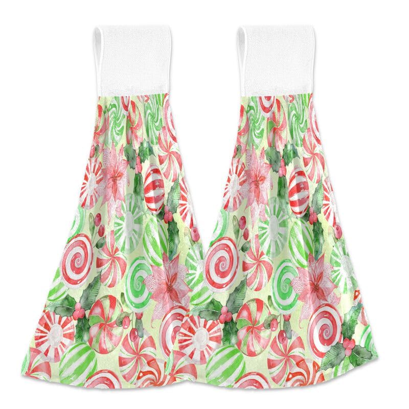 Christmas Peppermint Candy Hanging Kitchen Towels - 2PCS Absorbent Dish Cloths with Loops for Oven, Stove & Bathroom - Festive Winter Floral Hand Towels for Home Decor & Holiday Kitchen Use