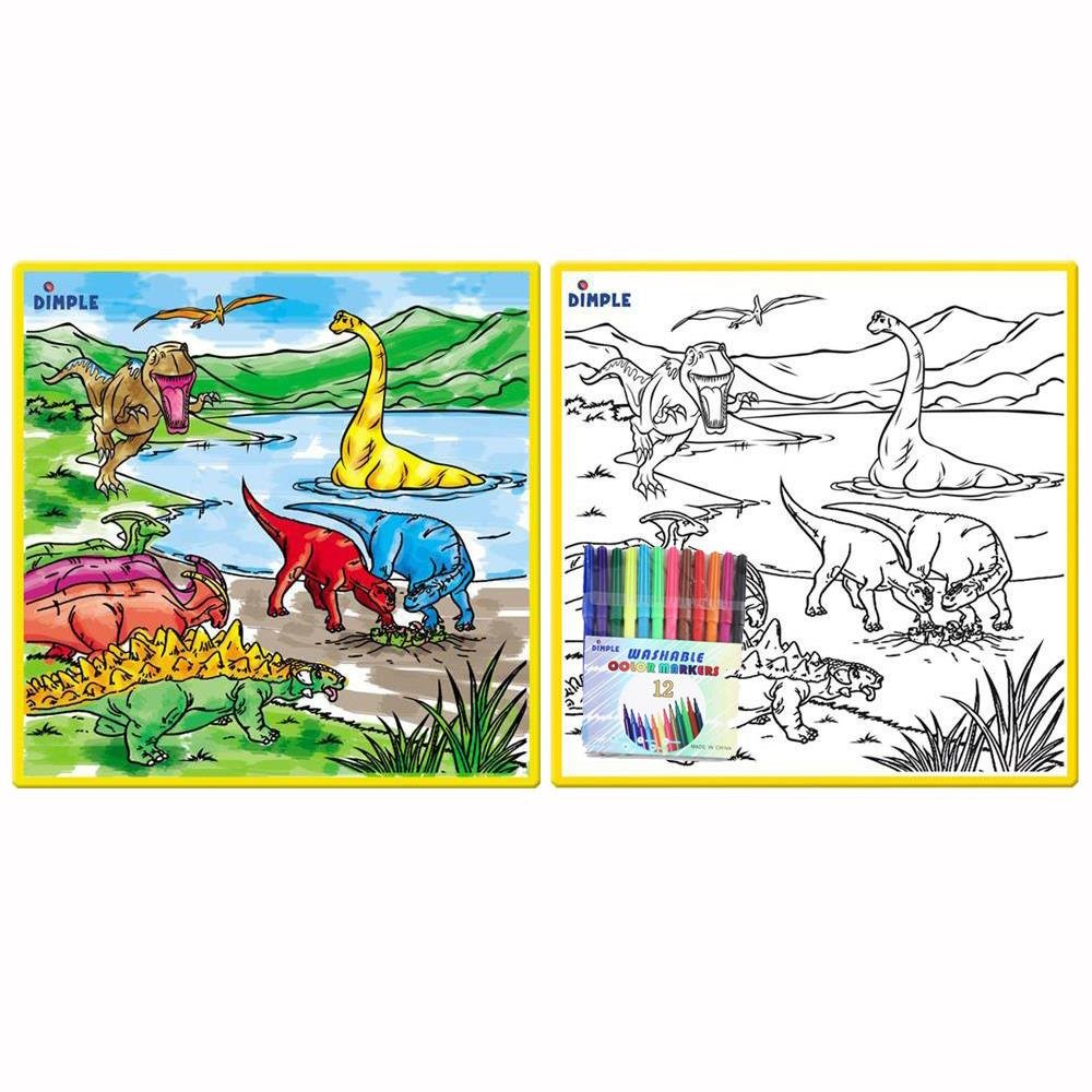Washable Kids Coloring Play Mat with 12 Washable Markers - Large Dinosaur Design - Safe Non-Toxic Art Activity for Boys & Girls - Perfect for Home, Classroom & Travel Playtime