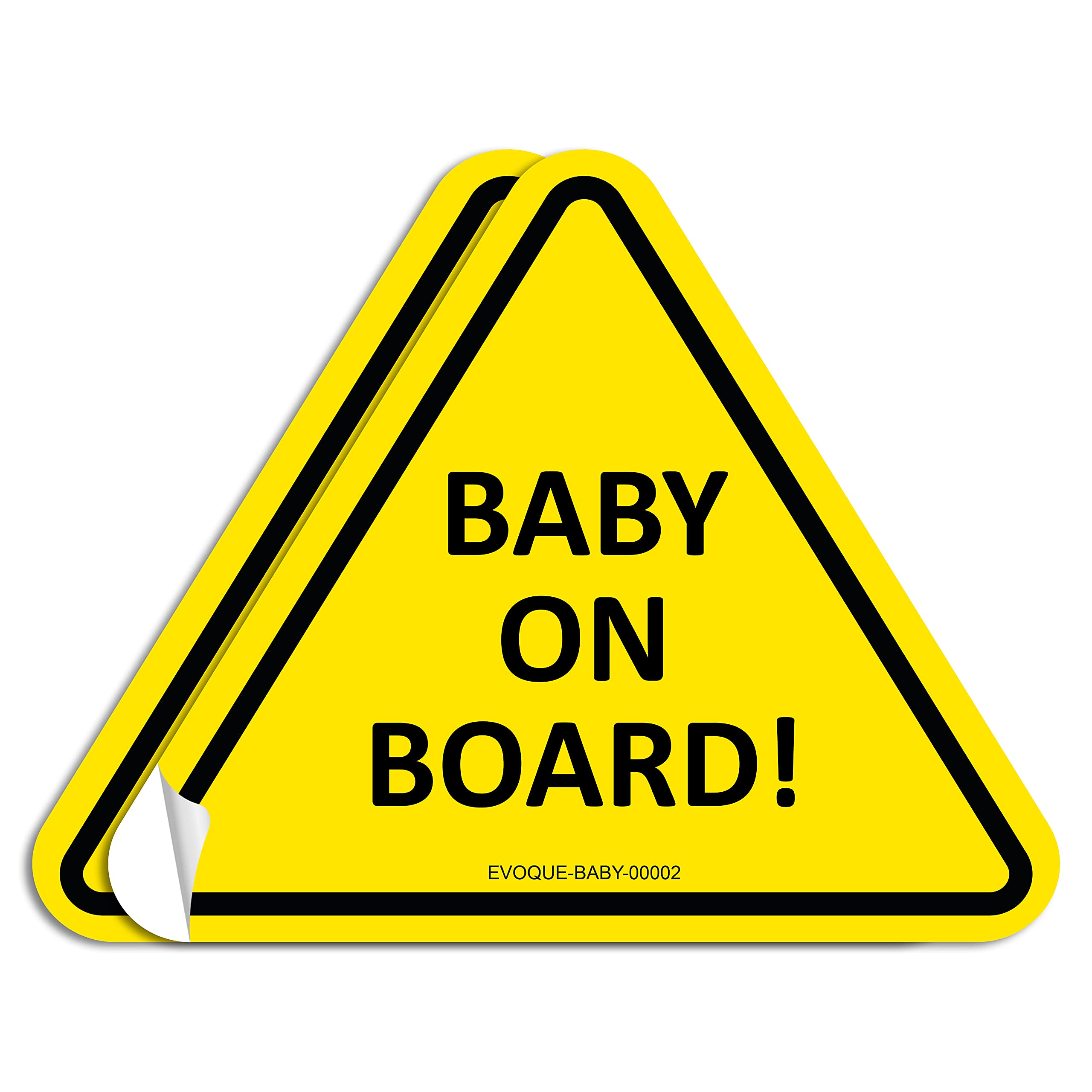 Evoque Baby on Board Car Sticker - 5” x 6” Vinyl Decal with Strong Adhesive, No Suction Cups Needed, Heat Resistant for Baby Safety (Pack of 2) - Perfect for Family Cars, SUVs and Minivans