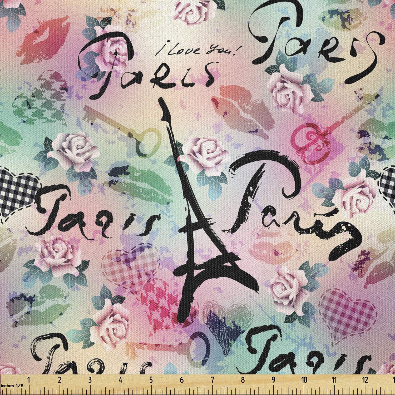 Ambesonne Paris Fabric by The Yard - French Floral Rose Checkered Hearts Romance Love Design, Stretch Knit Fabric for DIY Clothing, Sewing & Craft Projects (10 Yards, Pale Green Sea Green) - Perfect for Dresses, Scarves, Home Decor & Gift Making