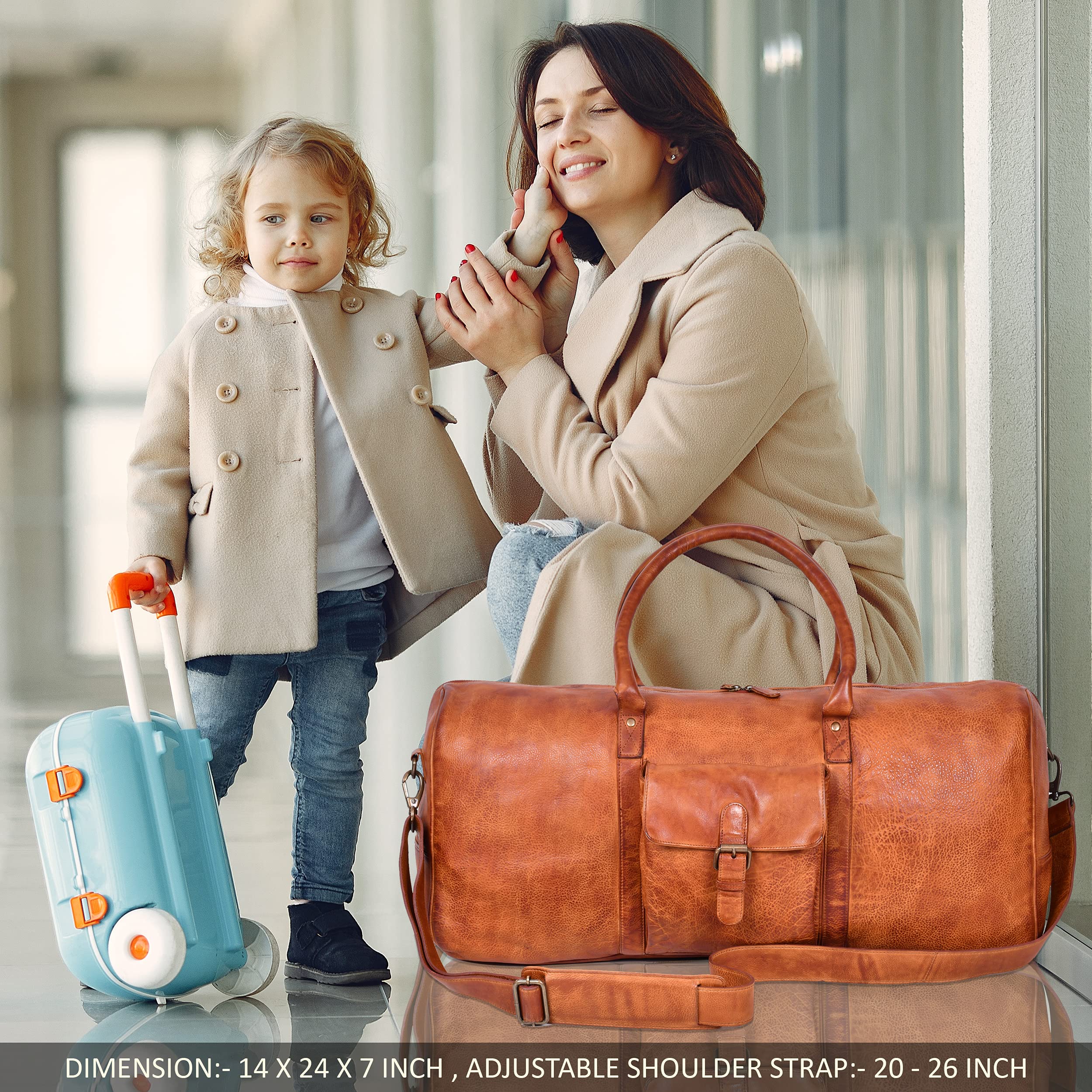 Genuine Leather Weekender Bag for Women & Men - Oversized Travel Duffel Carry On Overnight Bag - Perfect for Gym, Business Trips & Weekend Getaways (Tan Wash)