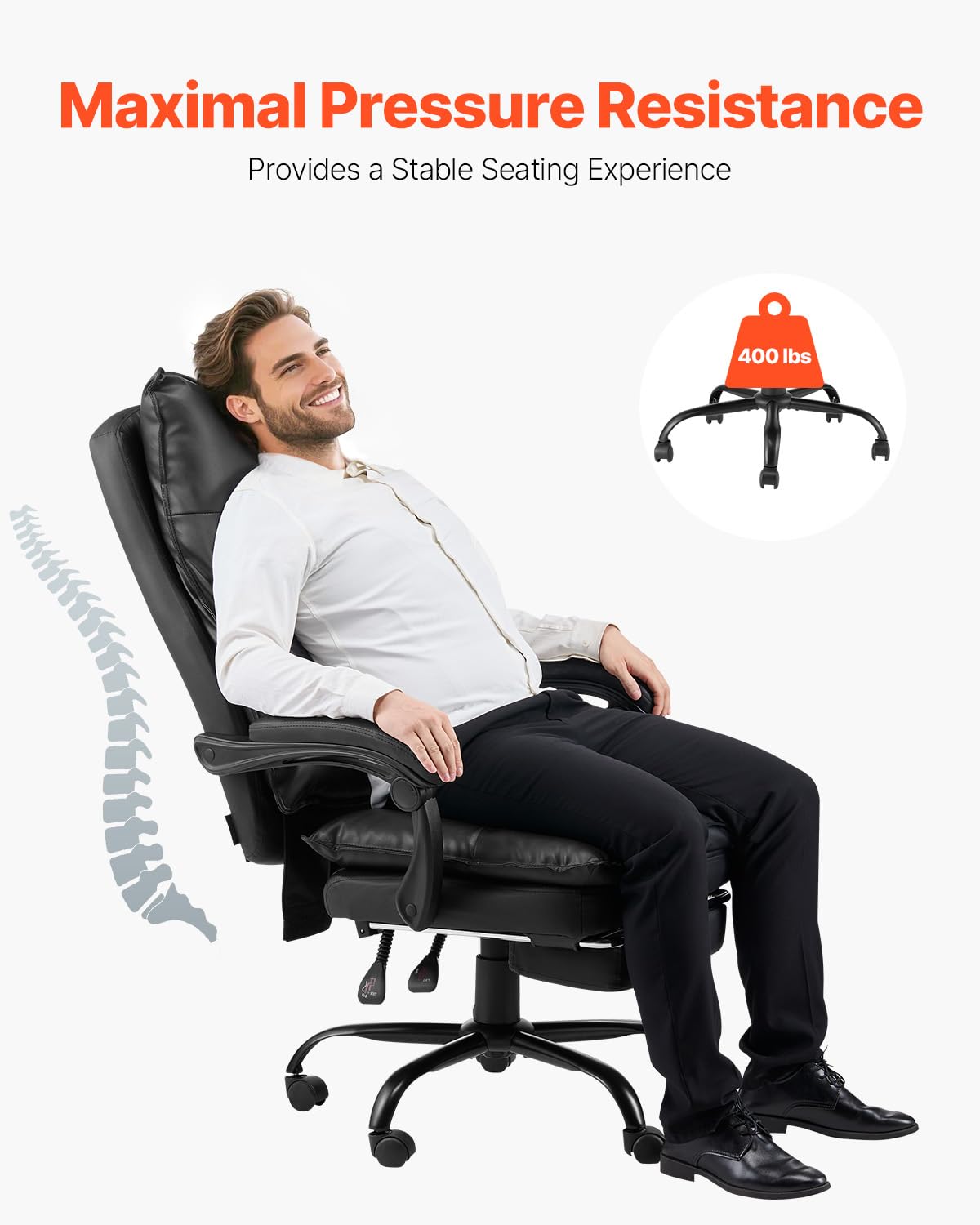 VEVOR Executive Office Chair with Footrest - 400lb Capacity Ergonomic Desk Chair with Lumbar Support, Heavy Duty PU Leather Reclining Chair, Height Adjustable for Home & Office Workspaces - Perfect for Long Hours of Comfortable Sitting