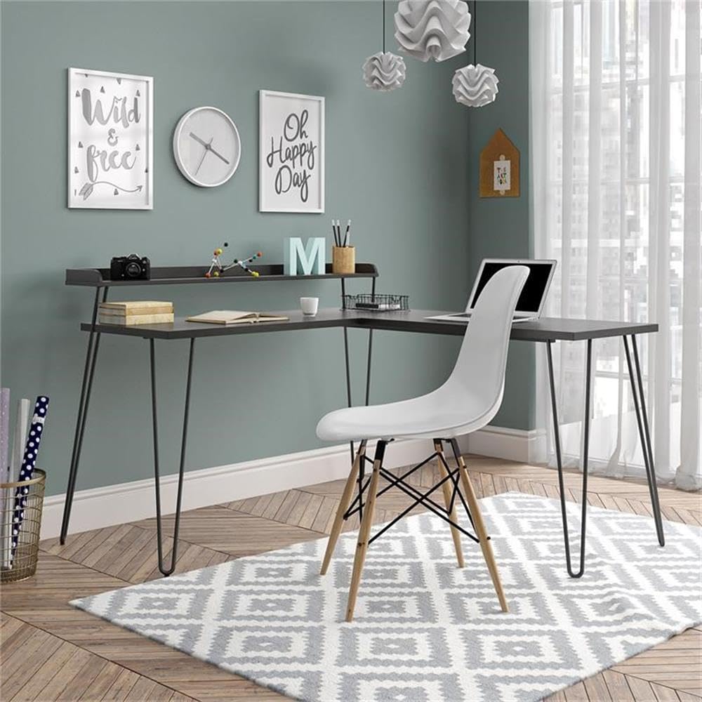 Mid-Century Modern L-Shaped Desk with Riser - Espresso Finish Home Office Computer Workstation for Small Spaces & Gaming Setup