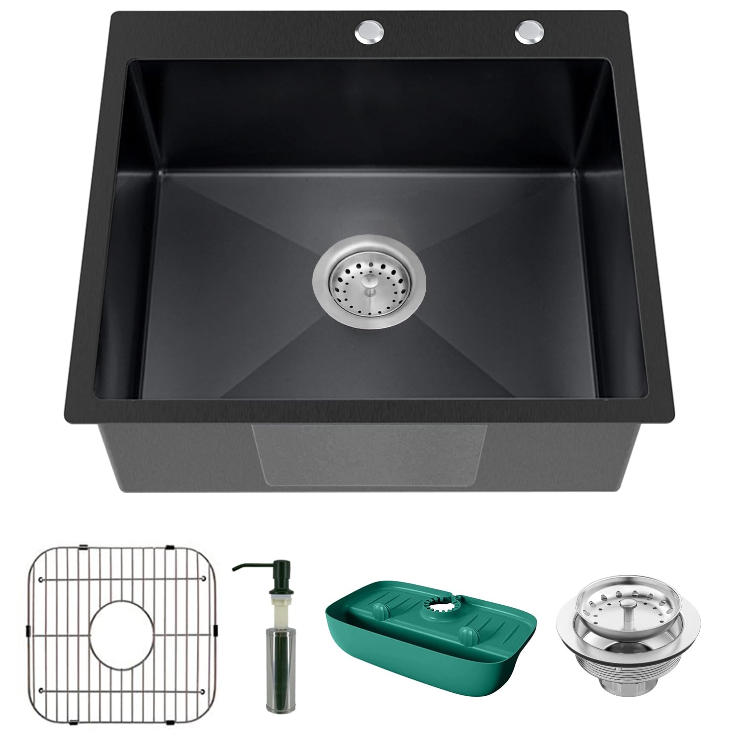 Premium 25x22x9 Inch Black Stainless Steel Topmount Bar Sink - Single Bowl Drop-In Kitchen Sink Combo with Sink Grid, Soap Dispenser, Faucet Mat & Drain Strainer Set | Modern Single Basin Design for Restaurants, Bars & Home Kitchens