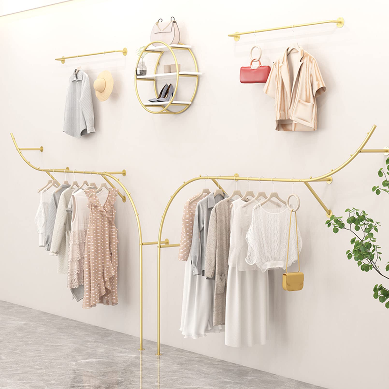 Gold Industrial Pipe Wall-Mounted Clothing Rack - Modern Boutique Display Shelf with 250cm Closet Rod for Home Cloakroom & Retail Store Organization | Perfect for Bedroom, Walk-In Closet, and Storefront Garment Display
