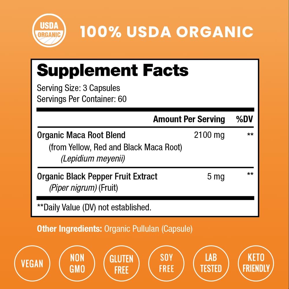 NutraChamps USDA Organic Maca Root Capsules 2100mg - 180 Count for Women & Men | Black, Red & Yellow Peruvian Gelatinized | Highest Potency Maca Powder Supplement | Energy, Hormone Balance & Libido Support