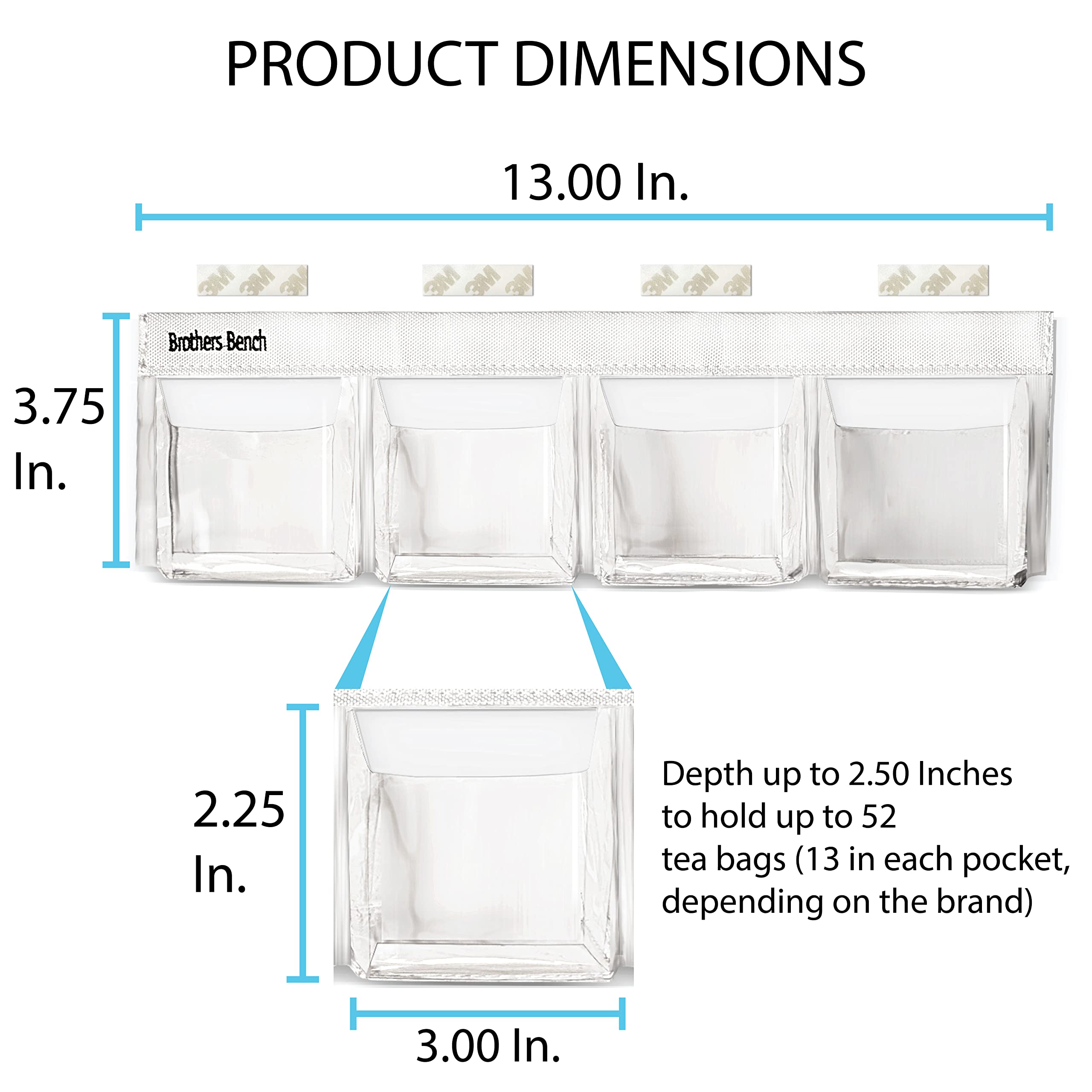 Clear Tea Bag Organizer - Holds 52 Tea Bags, Space-Saving Tea Storage Box with 3M Strips for Cabinet & Pantry Doors (13