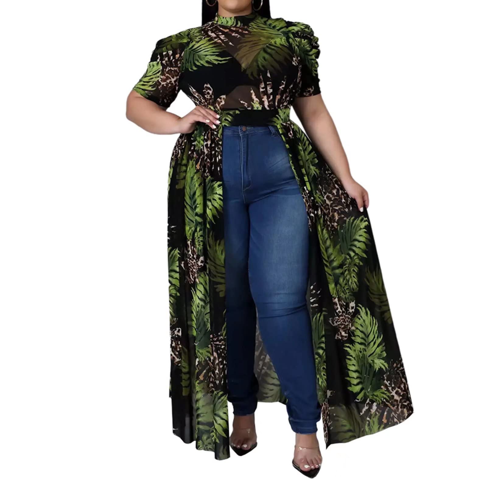 Plus Size Women's High Low Tops - Mesh See Through Puff Sleeve Off Shoulder Asymmetrical Tunic Dress for Casual Wear, Party & Special Occasions